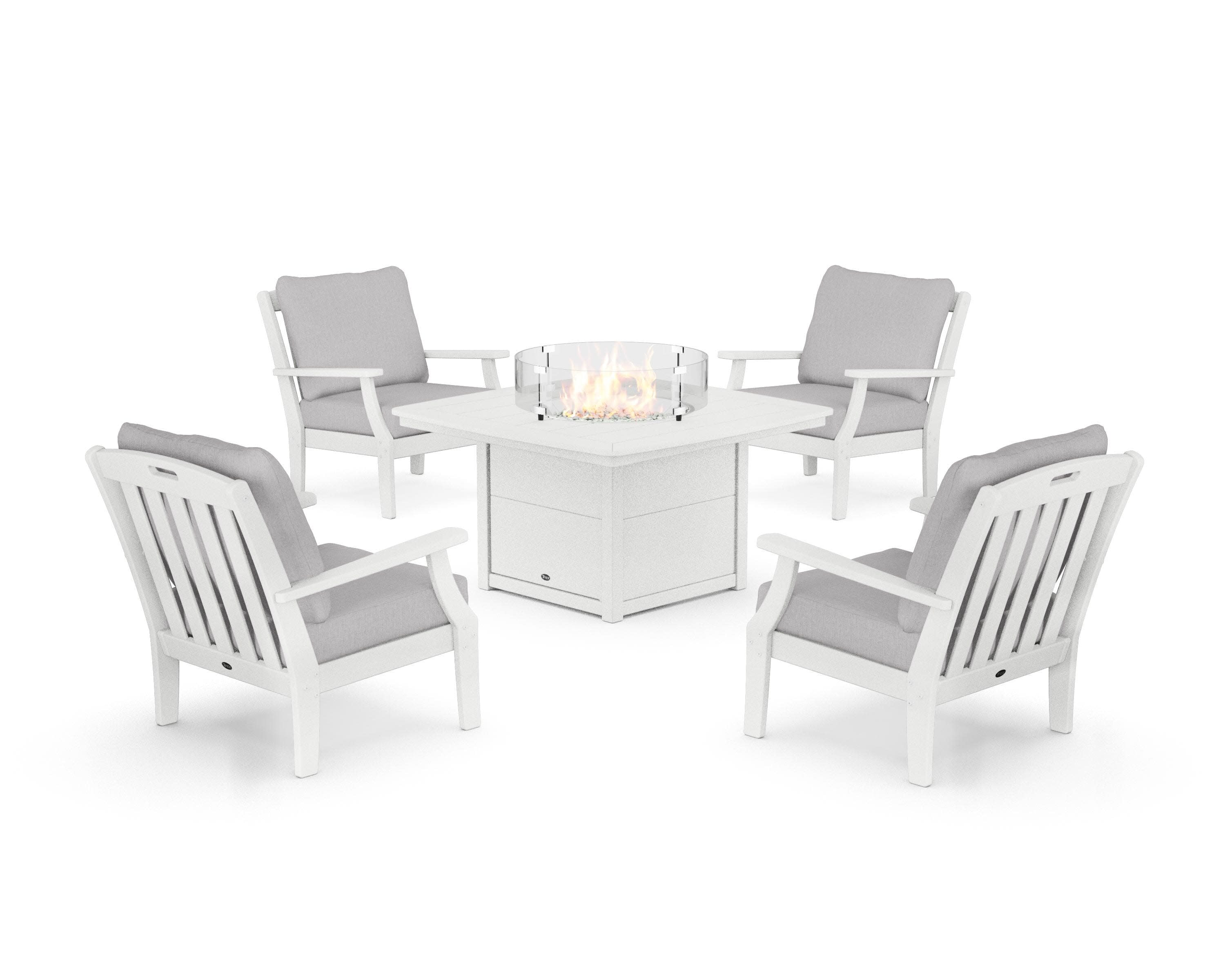 Yacht Club 5-Piece Deep Seating Set with Fire Pit Table in Classic White / Granite