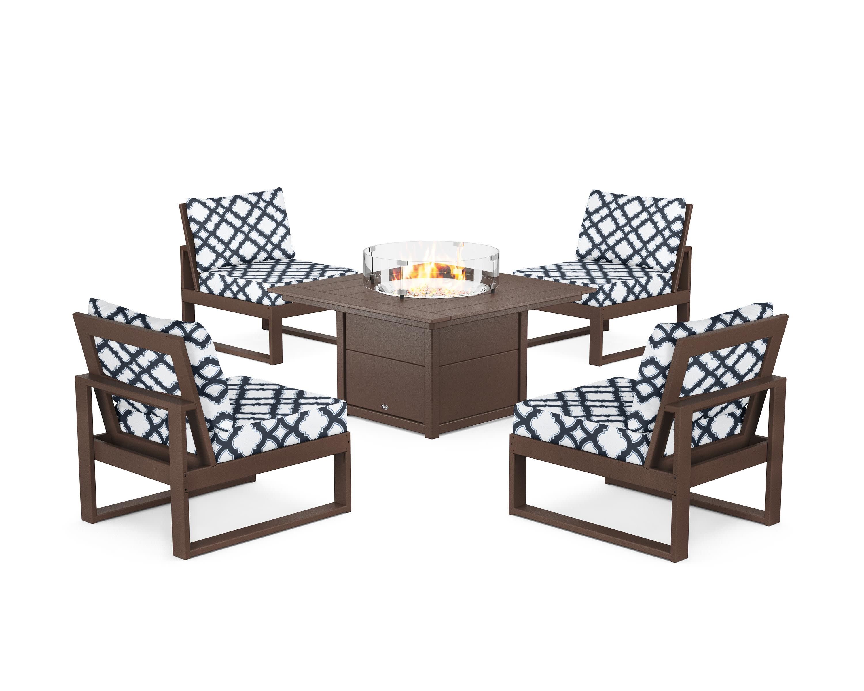 Eastport Modular 5-Piece Deep Seating Set with Square Fire Pit Table in Vintage Lantern / Trellis Marine Indigo