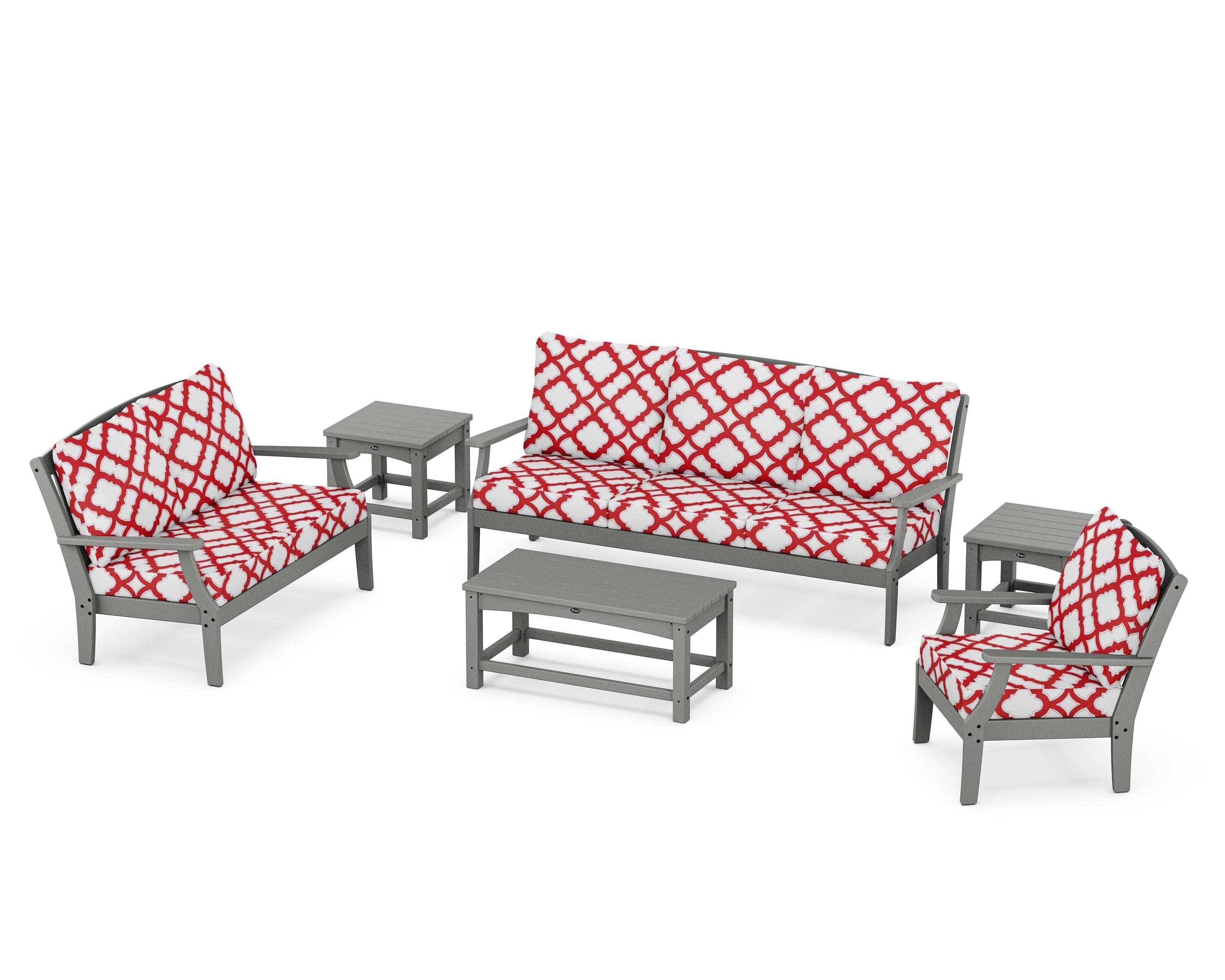 Yacht Club 6-Piece Deep Seating Set in Stepping Stone / Trellis Crimson