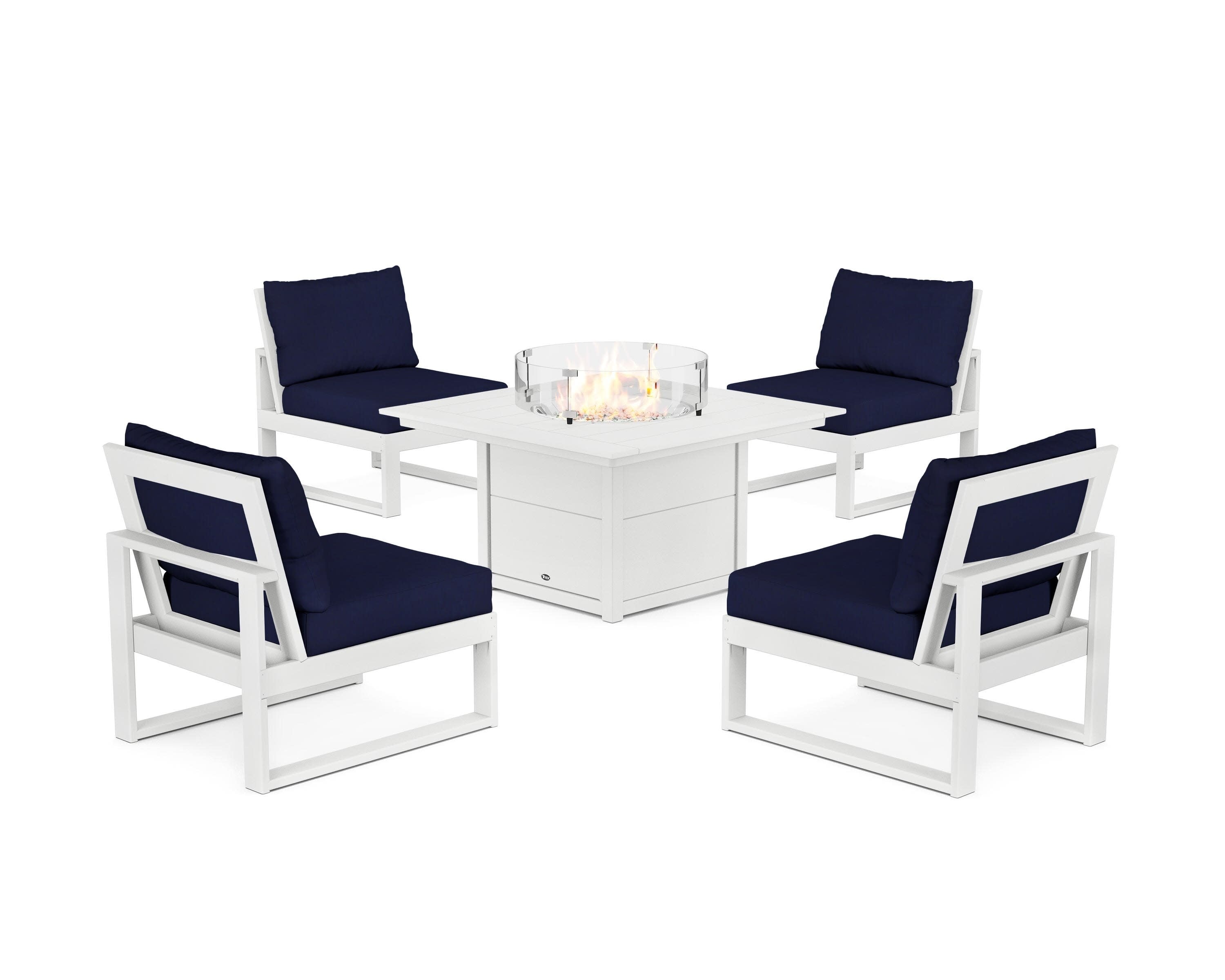 Eastport Modular 5-Piece Deep Seating Set with Square Fire Pit Table in Classic White / Navy