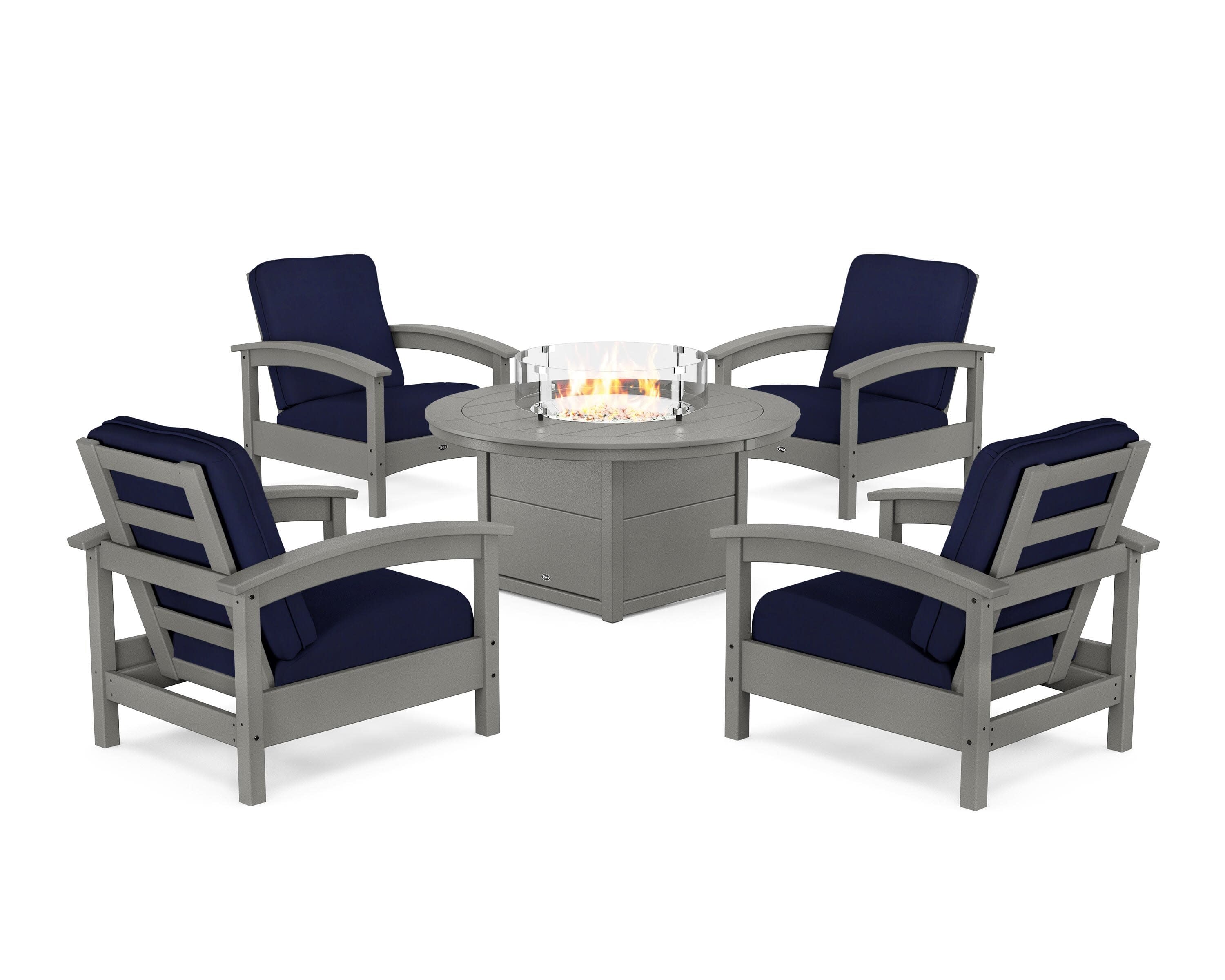 Rockport 5-Piece Deep Seating Set with Round Fire Pit Table in Stepping Stone / Navy