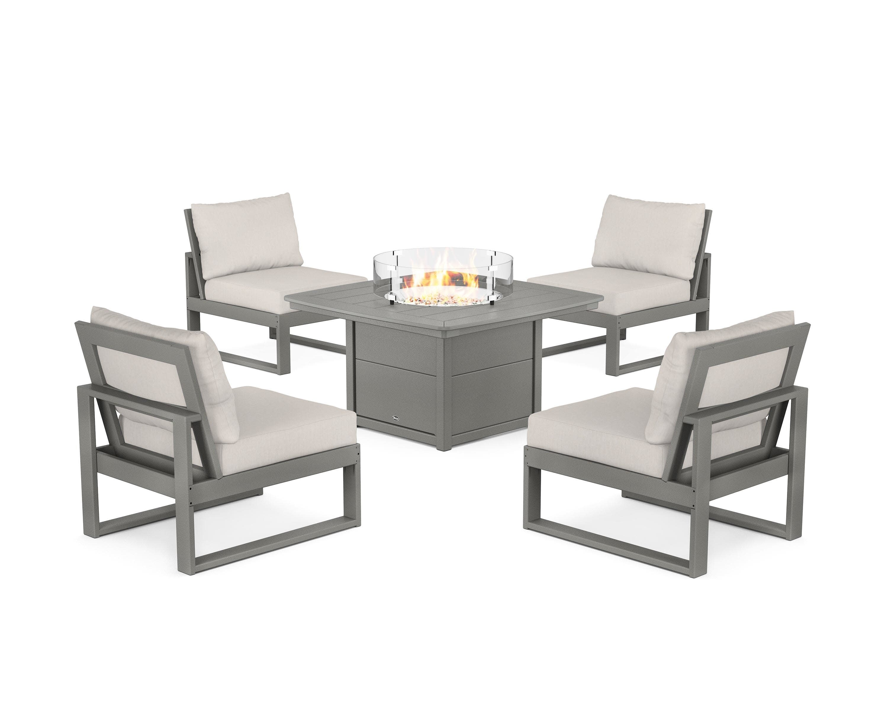 Eastport Modular 5-Piece Deep Seating Set with Yacht Club Fire Pit Table in Stepping Stone / Cast Ash