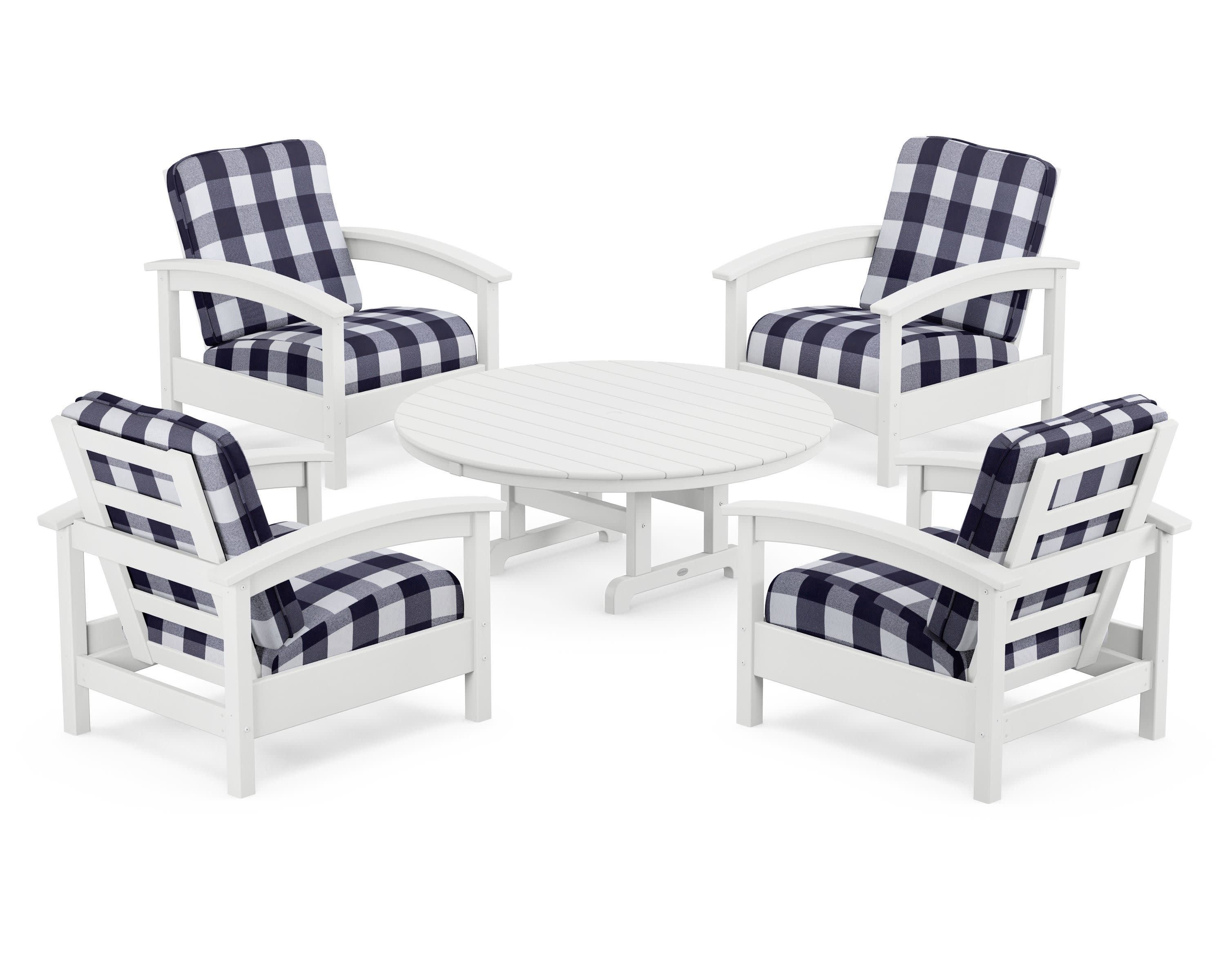 Rockport 5-Piece Deep Seating Set in Classic White / Buffalo Plaid Navy