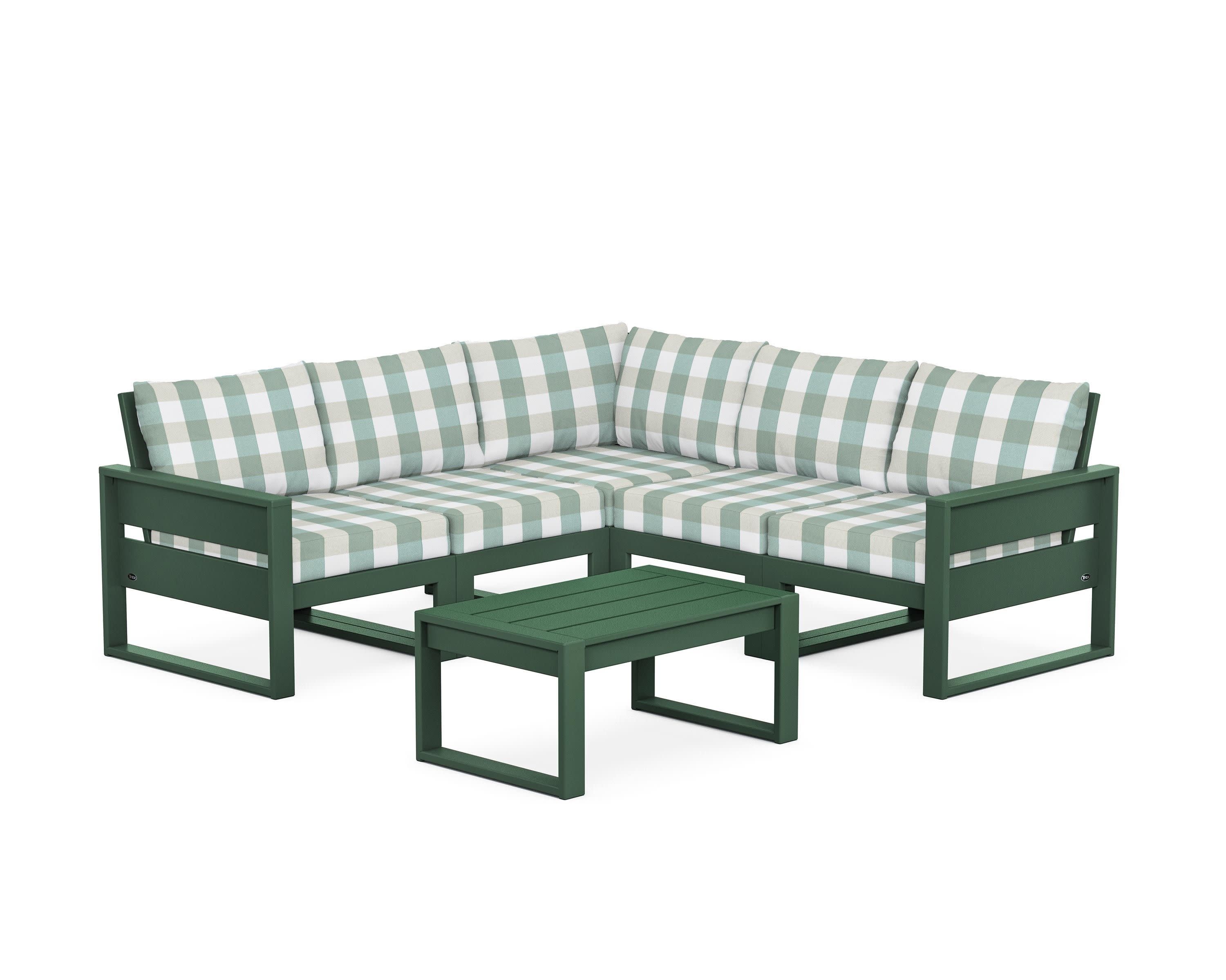 Eastport 6-Piece Deep Seating Sectional + Coffee Table Set in Rainforest Canopy / Buffalo Plaid Glacier Spa