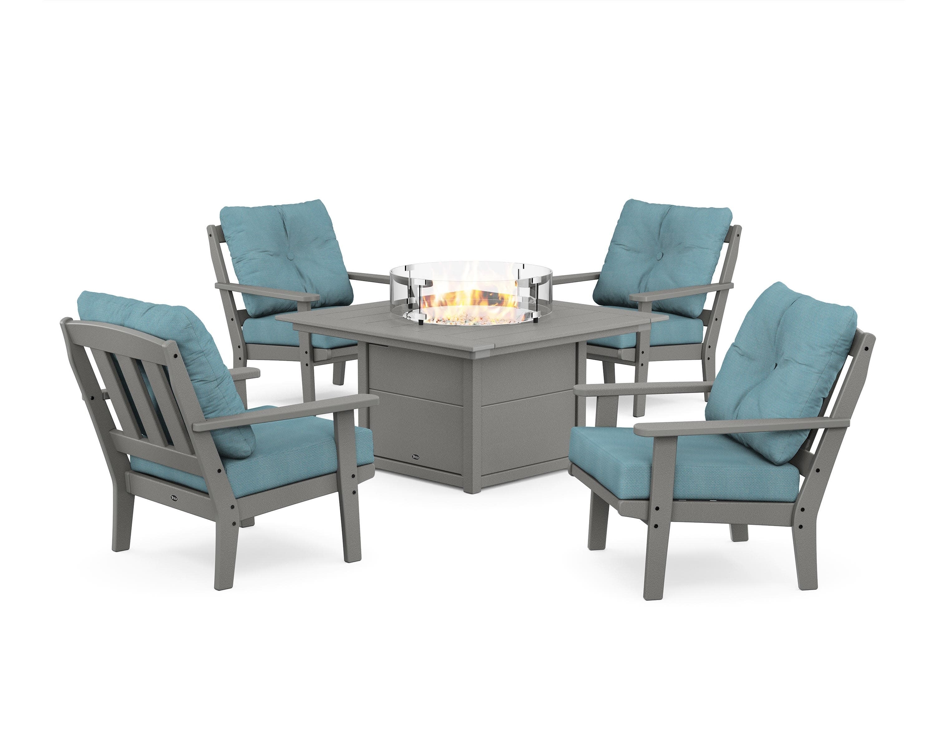 Cape Cod 5-Piece Deep Seating Set with Fire Pit Table in Stepping Stone / Lattice Sky Blue