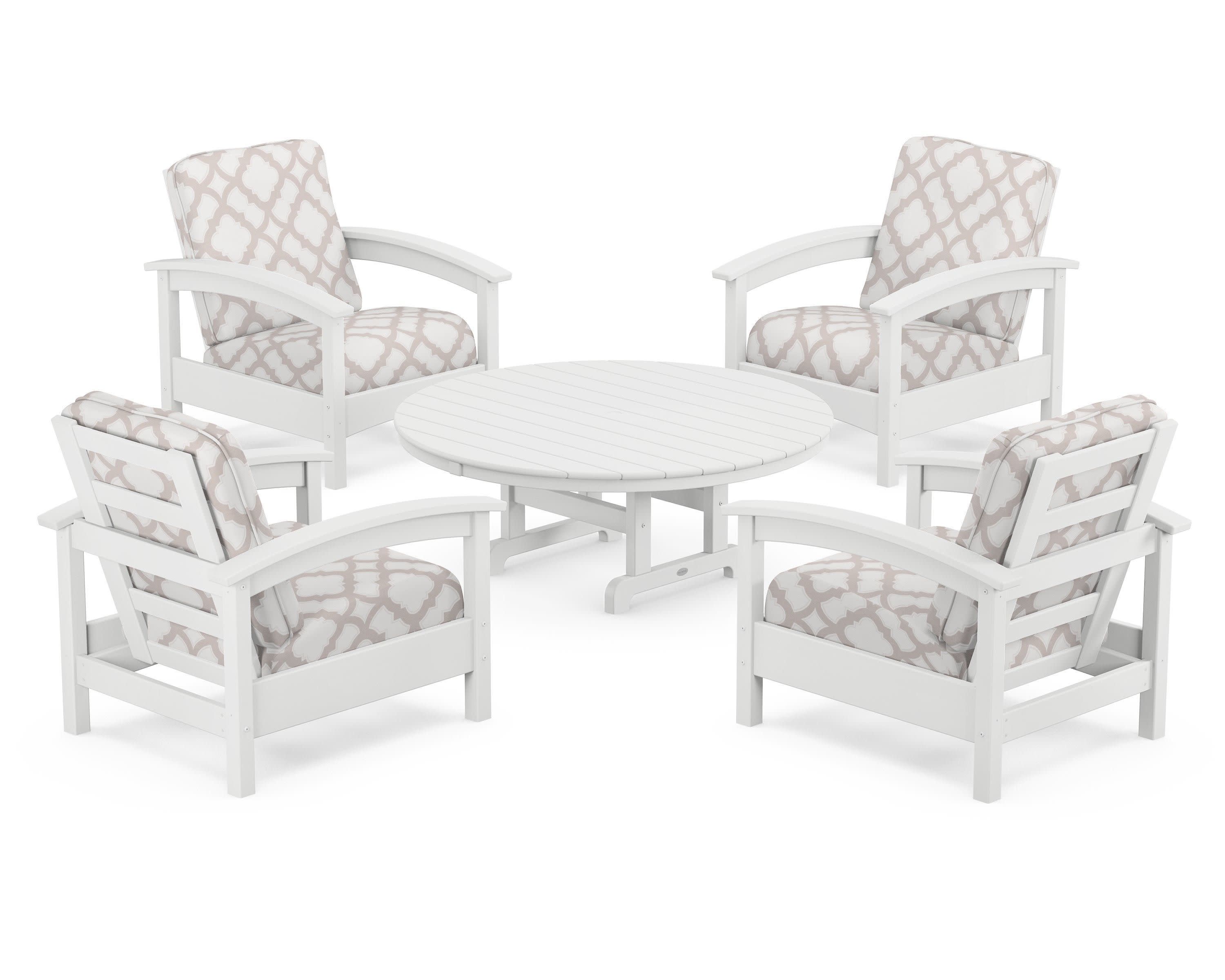 Rockport 5-Piece Deep Seating Set in Classic White / Trellis Dune Burlap