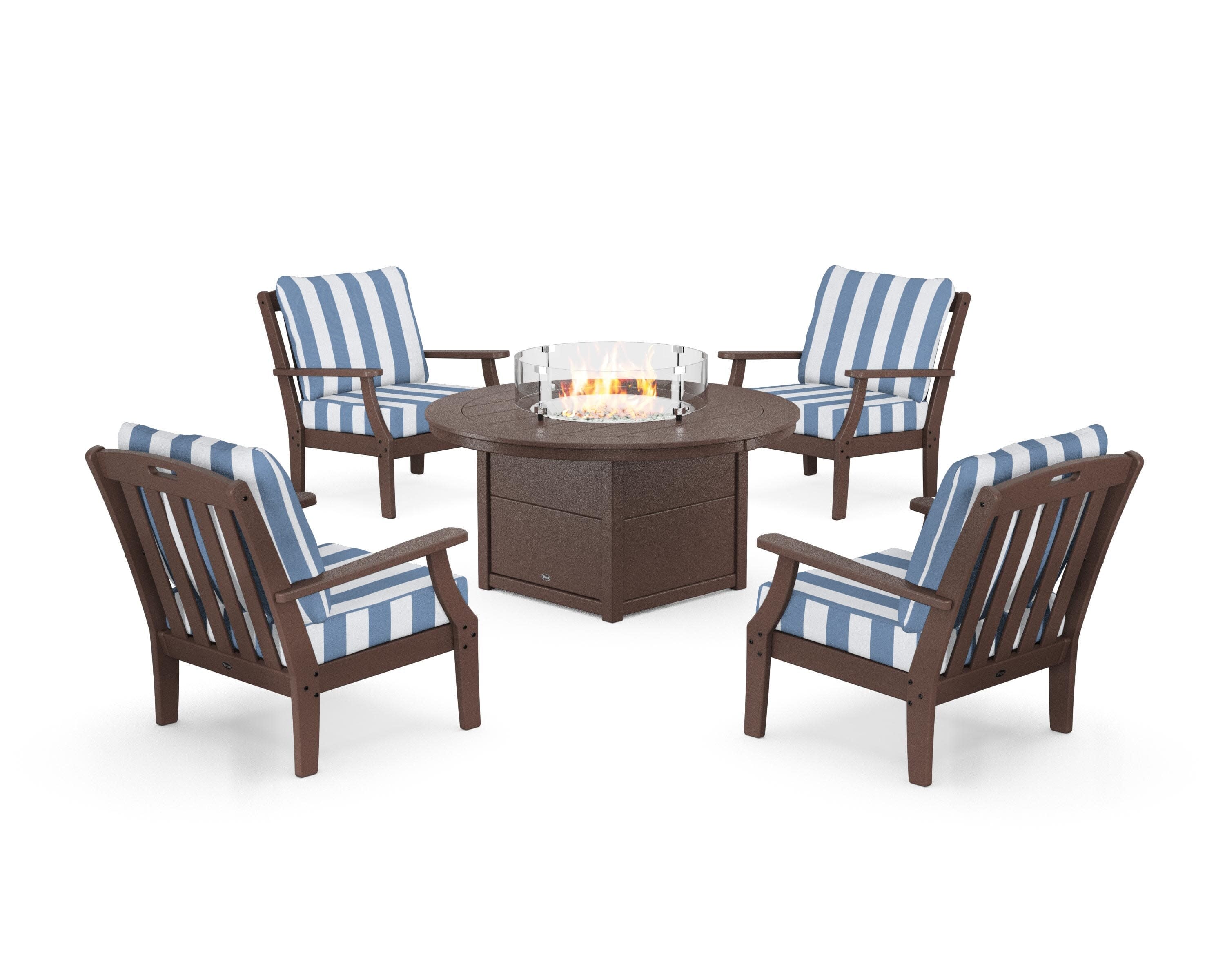 Yacht Club 5-Piece Deep Seating Set with Round Fire Pit Table in Vintage Lantern / Cabana Stripe Sky Blue