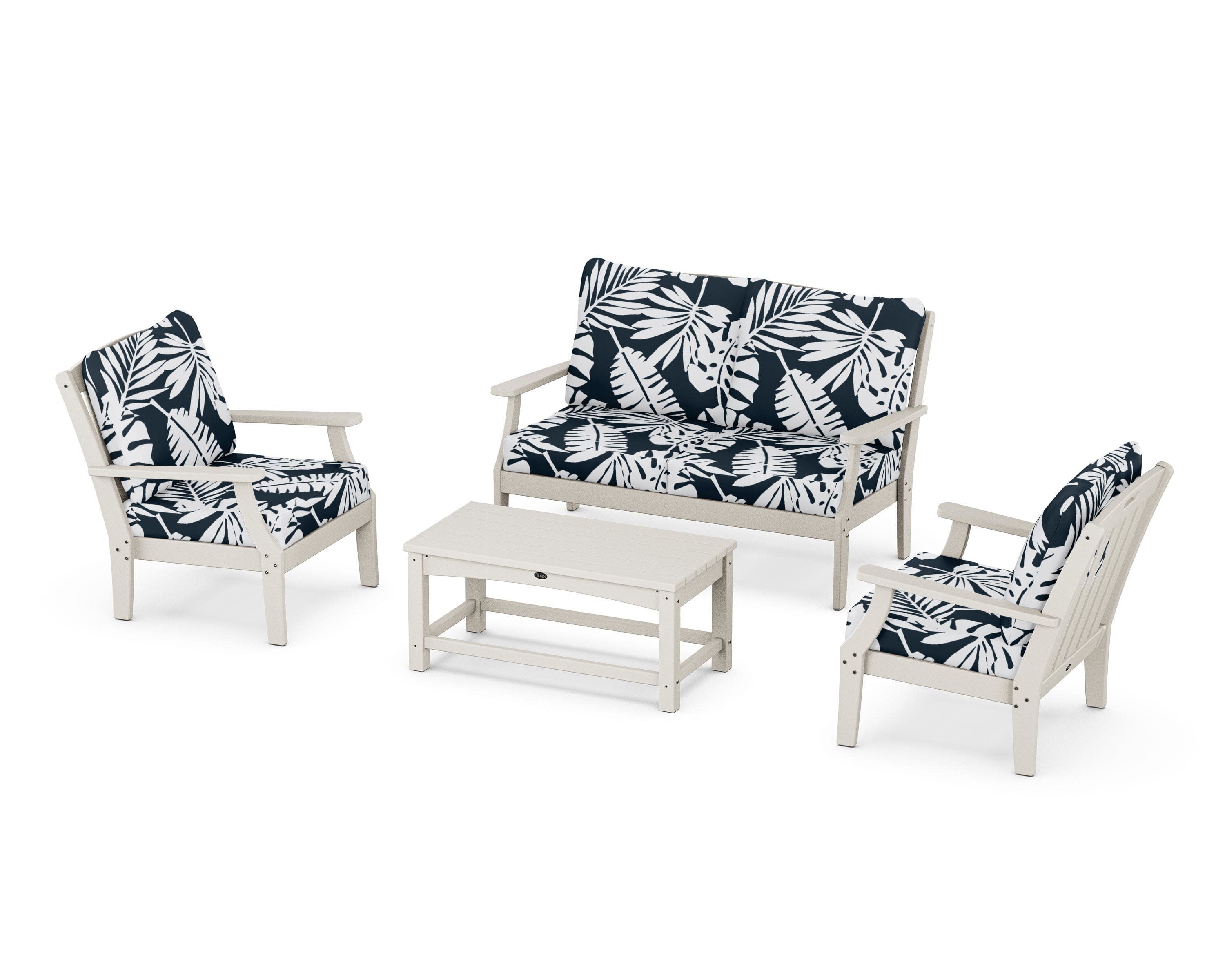 Yacht Club 4-Piece Deep Seating Chair Set in Sand Castle / Leaf Marine Indigo
