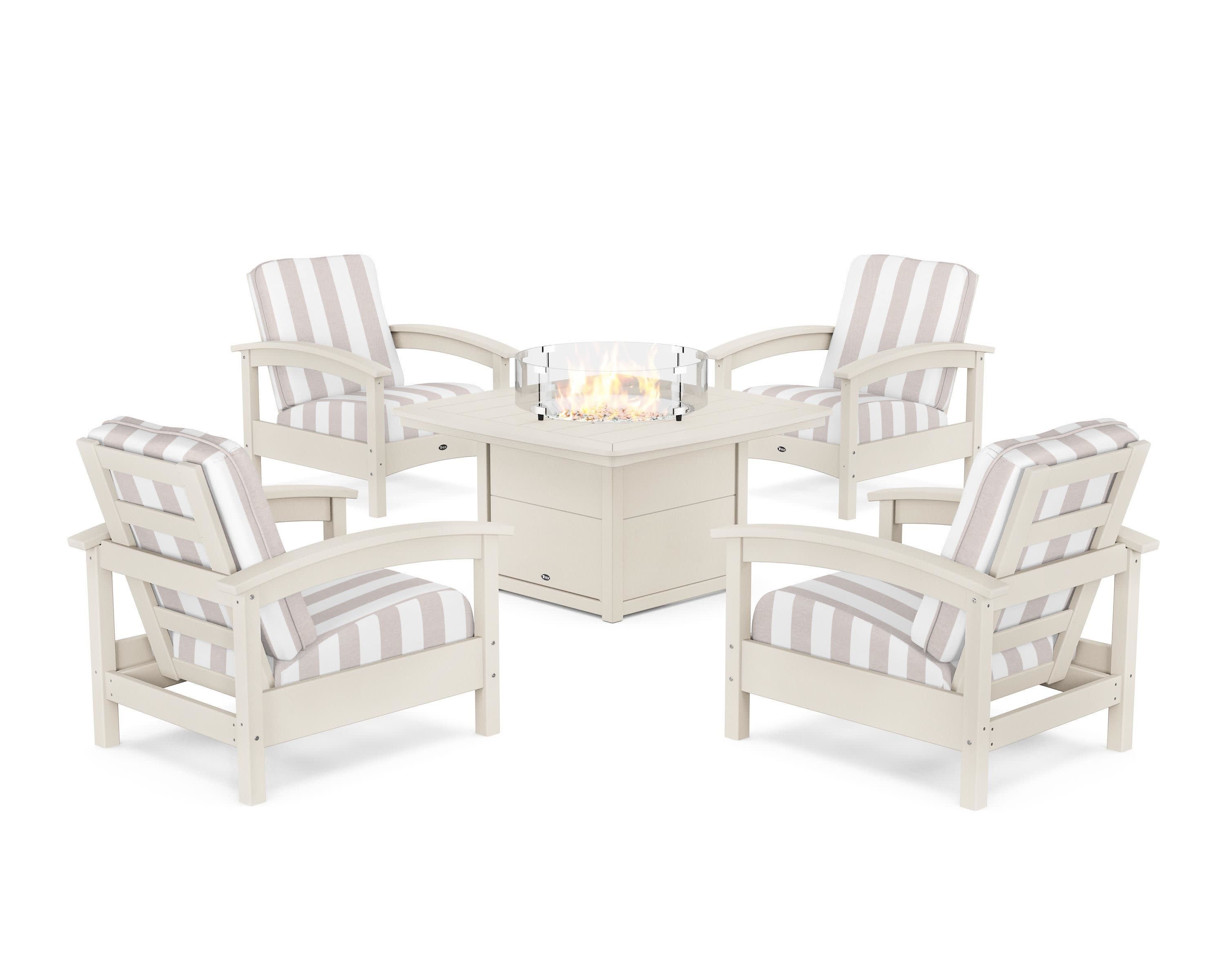 Rockport 5-Piece Deep Seating Set with Yacht Club Fire Pit Table in Sand Castle / Cabana Stripe Dune Burlap