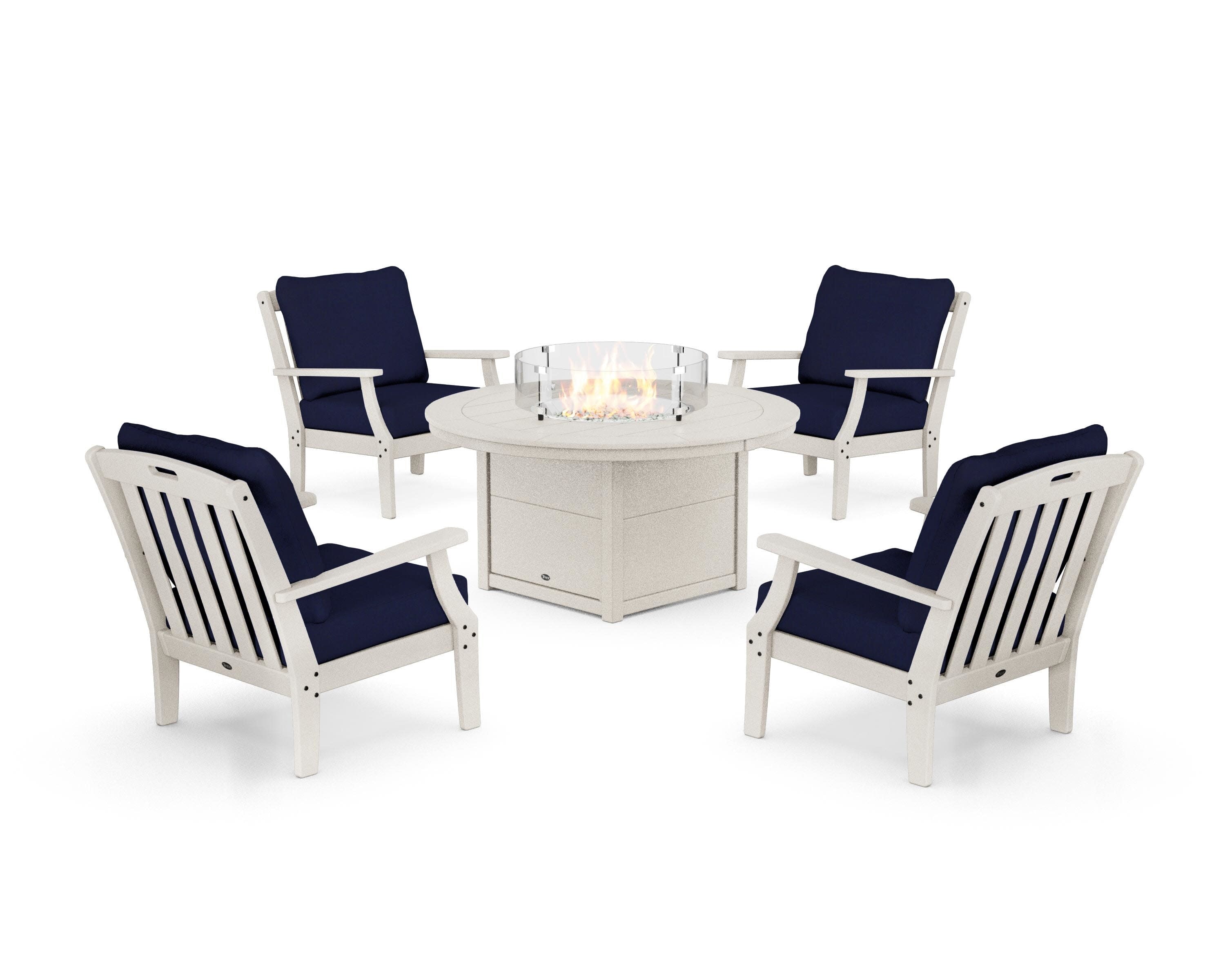 Yacht Club 5-Piece Deep Seating Set with Round Fire Pit Table in Sand Castle / Navy
