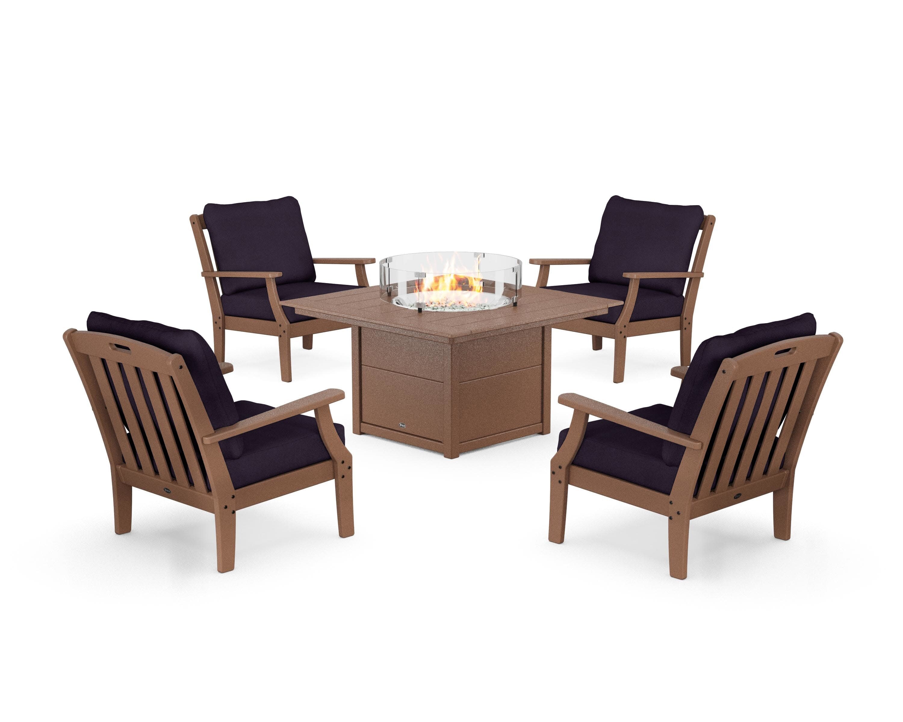 Yacht Club 5-Piece Deep Seating Set with Square Fire Pit Table in Tree House / Navy Linen