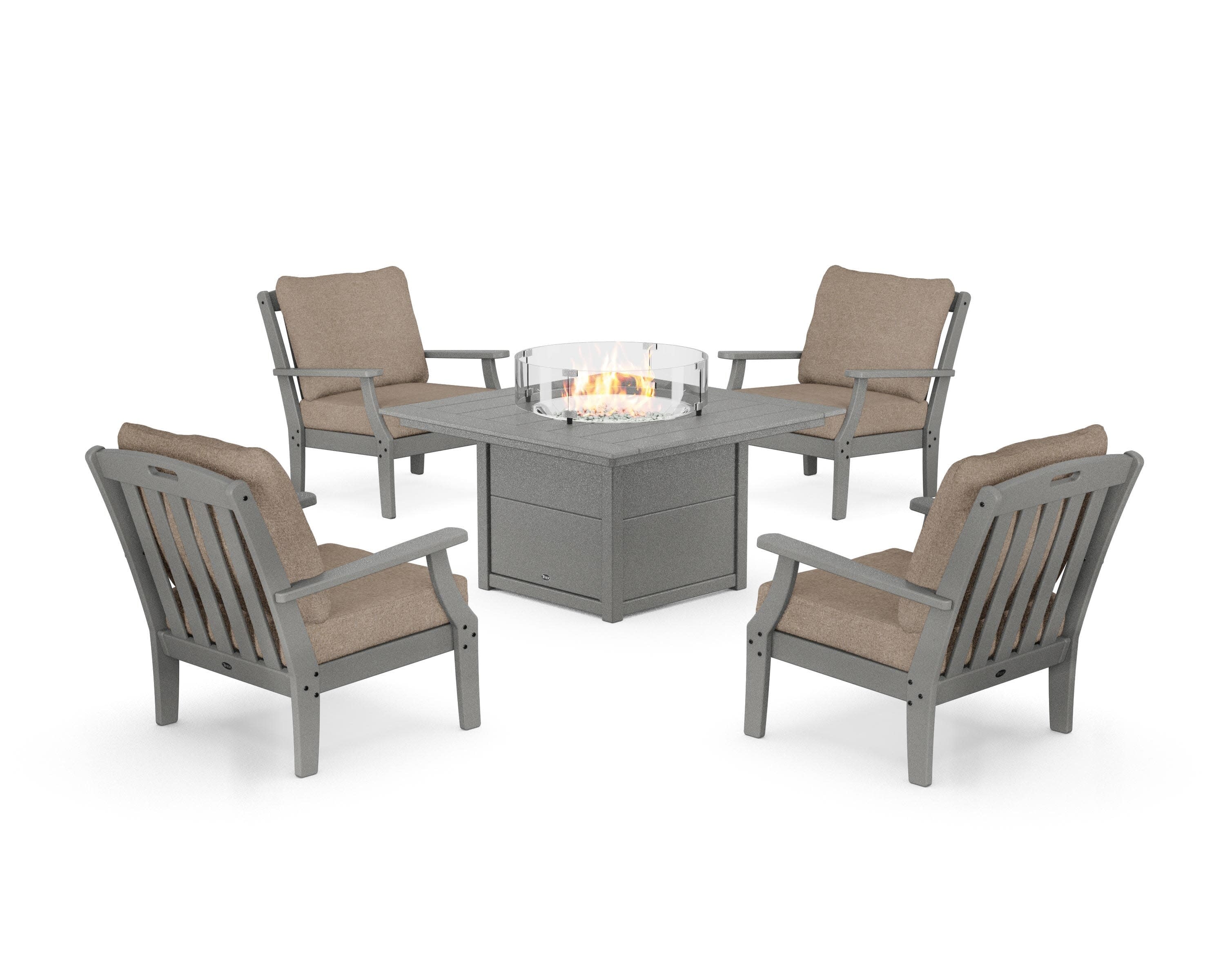 Yacht Club 5-Piece Deep Seating Set with Square Fire Pit Table in Stepping Stone / Spiced Burlap