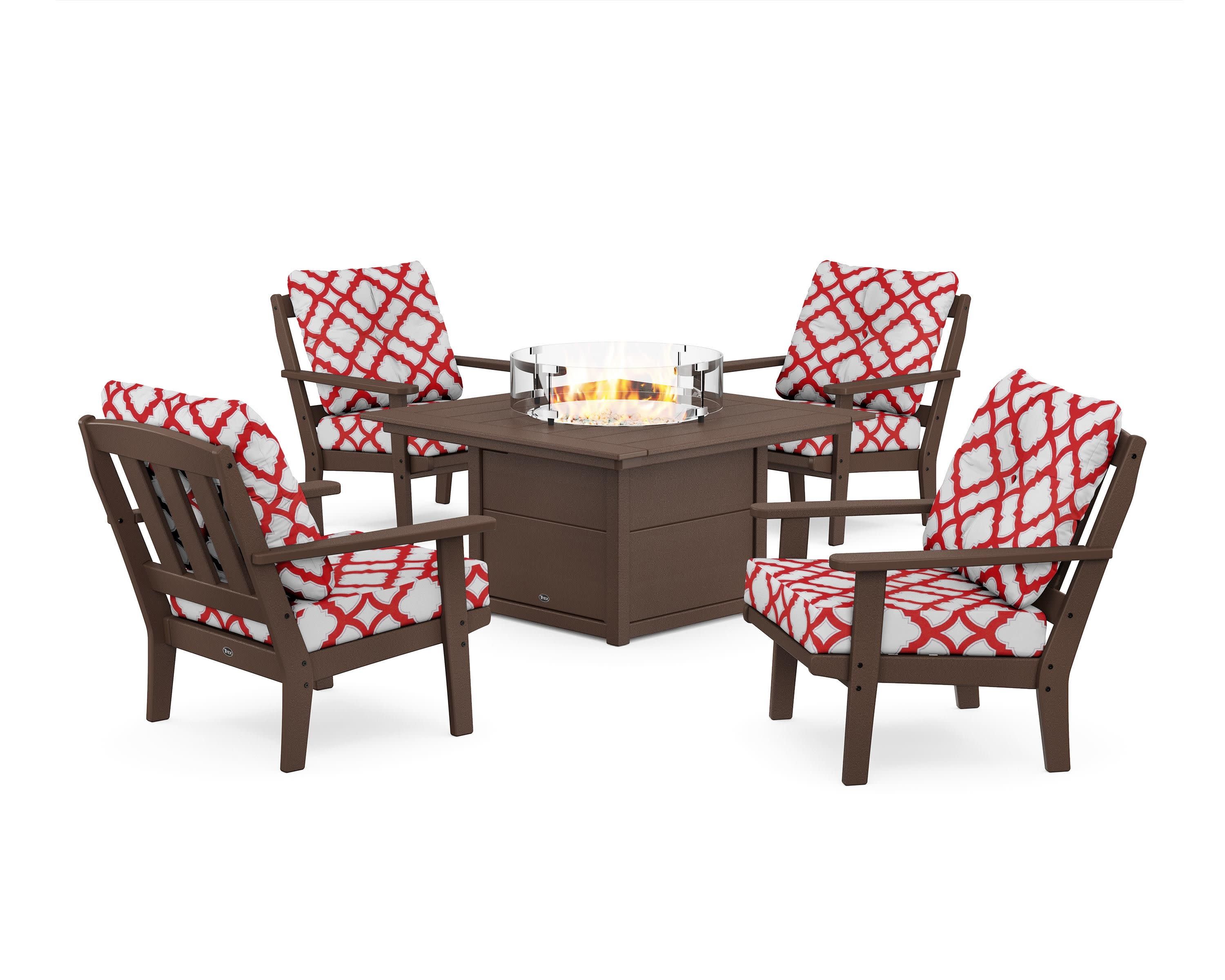 Cape Cod 5-Piece Deep Seating Set with Fire Pit Table in Vintage Lantern / Trellis Crimson