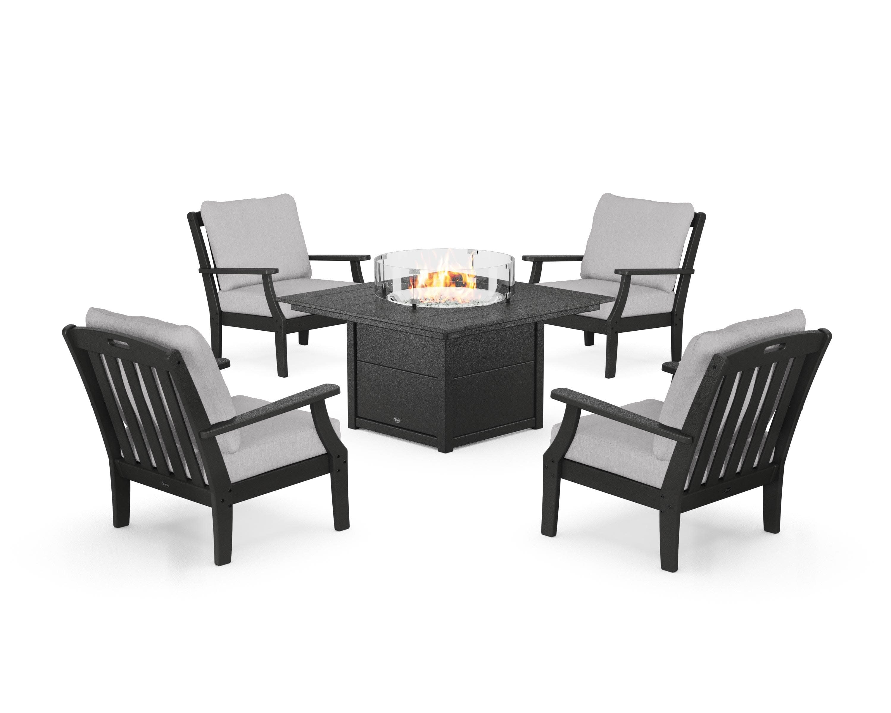 Yacht Club 5-Piece Deep Seating Set with Square Fire Pit Table in Charcoal Black / Granite