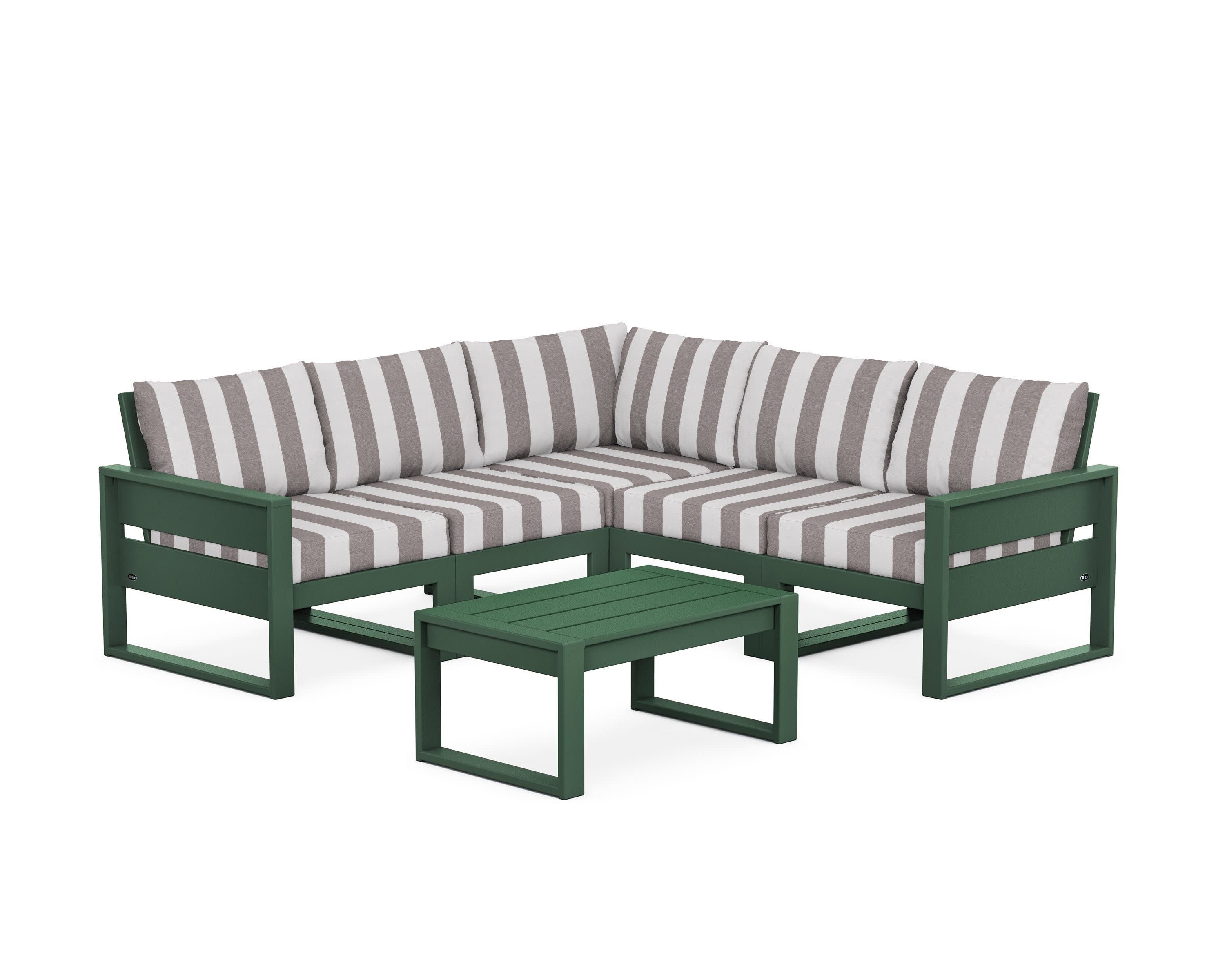 Eastport 6-Piece Deep Seating Sectional + Coffee Table Set in Rainforest Canopy / Cabana Stripe Grey Mist