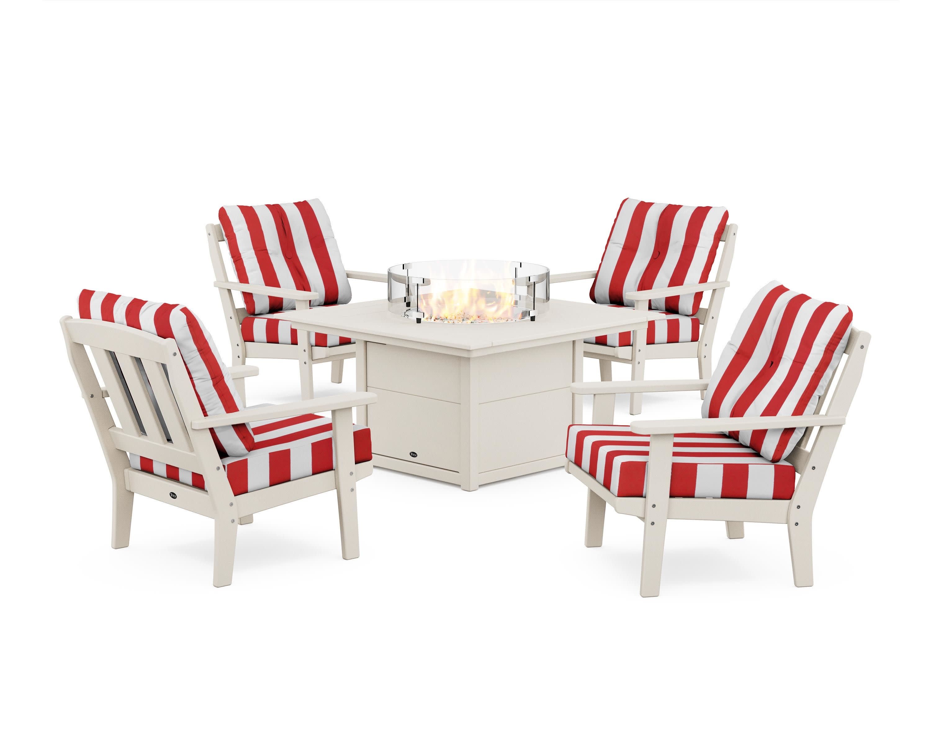 Cape Cod 5-Piece Deep Seating Set with Fire Pit Table in Sand Castle / Cabana Stripe Crimson