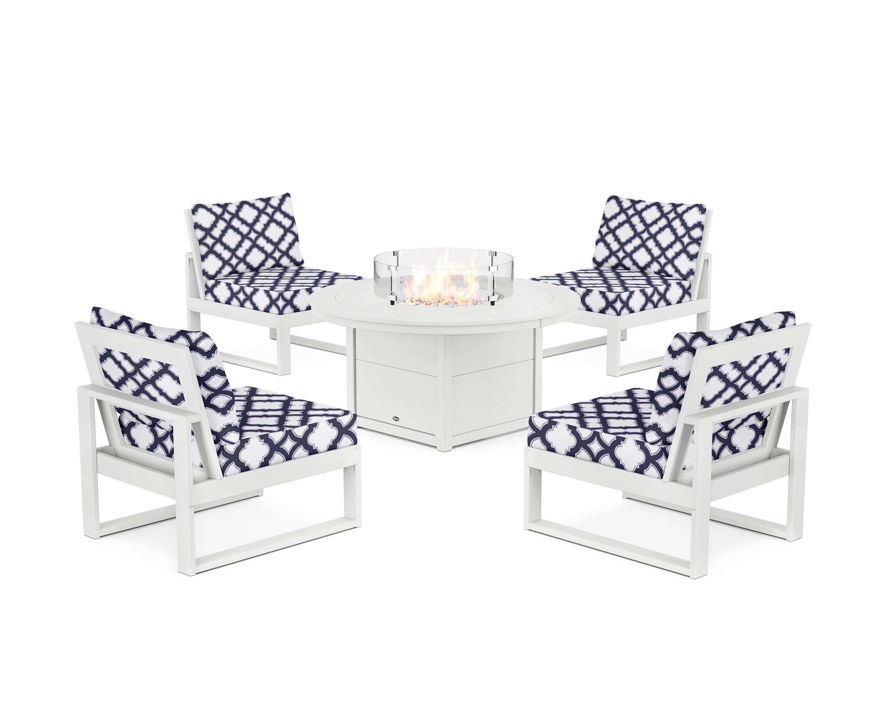 Eastport Modular 5-Piece Deep Seating Set with Round Fire Pit Table in Classic White / Trellis Navy