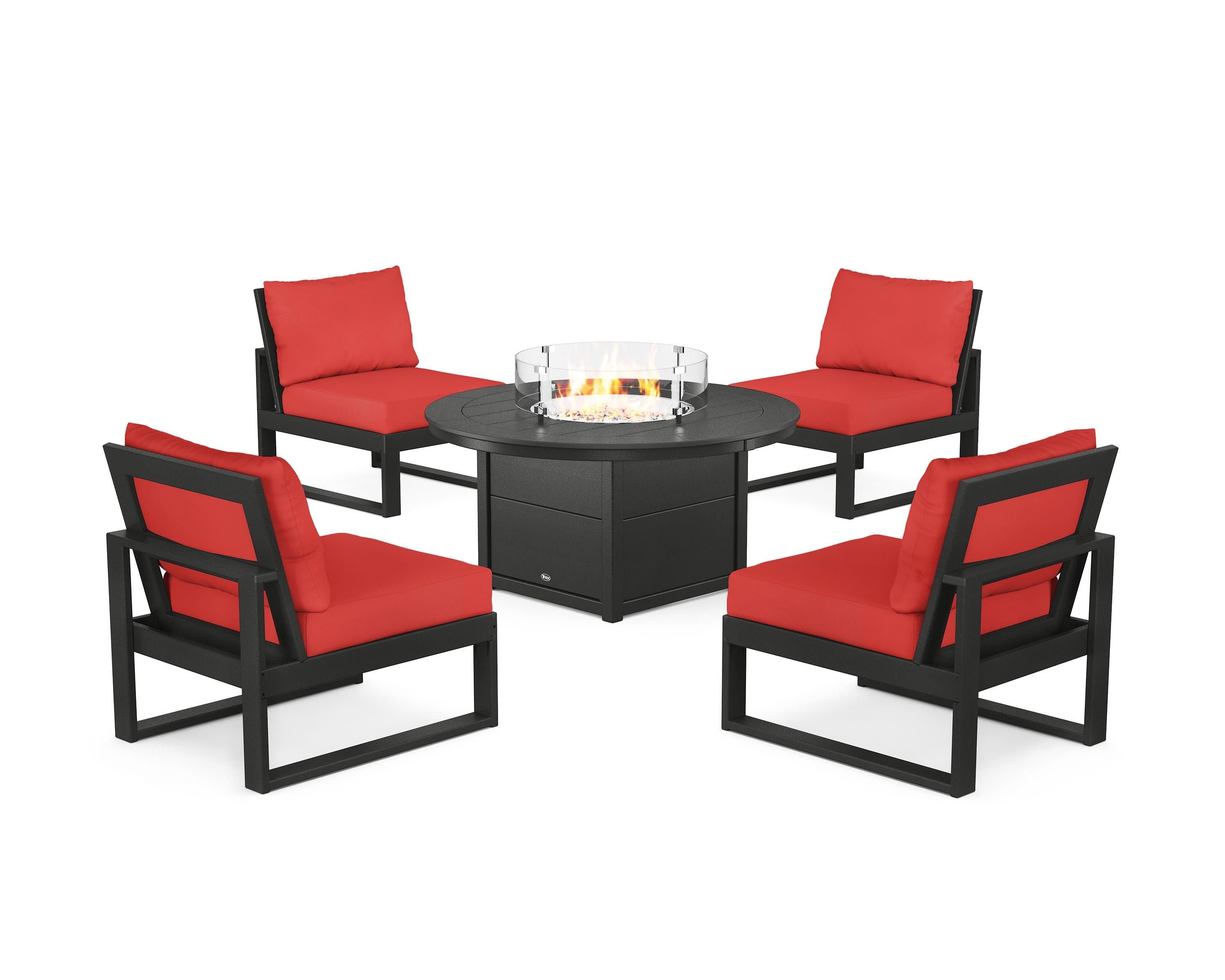 Eastport Modular 5-Piece Deep Seating Set with Round Fire Pit Table in Charcoal Black / Crimson Linen