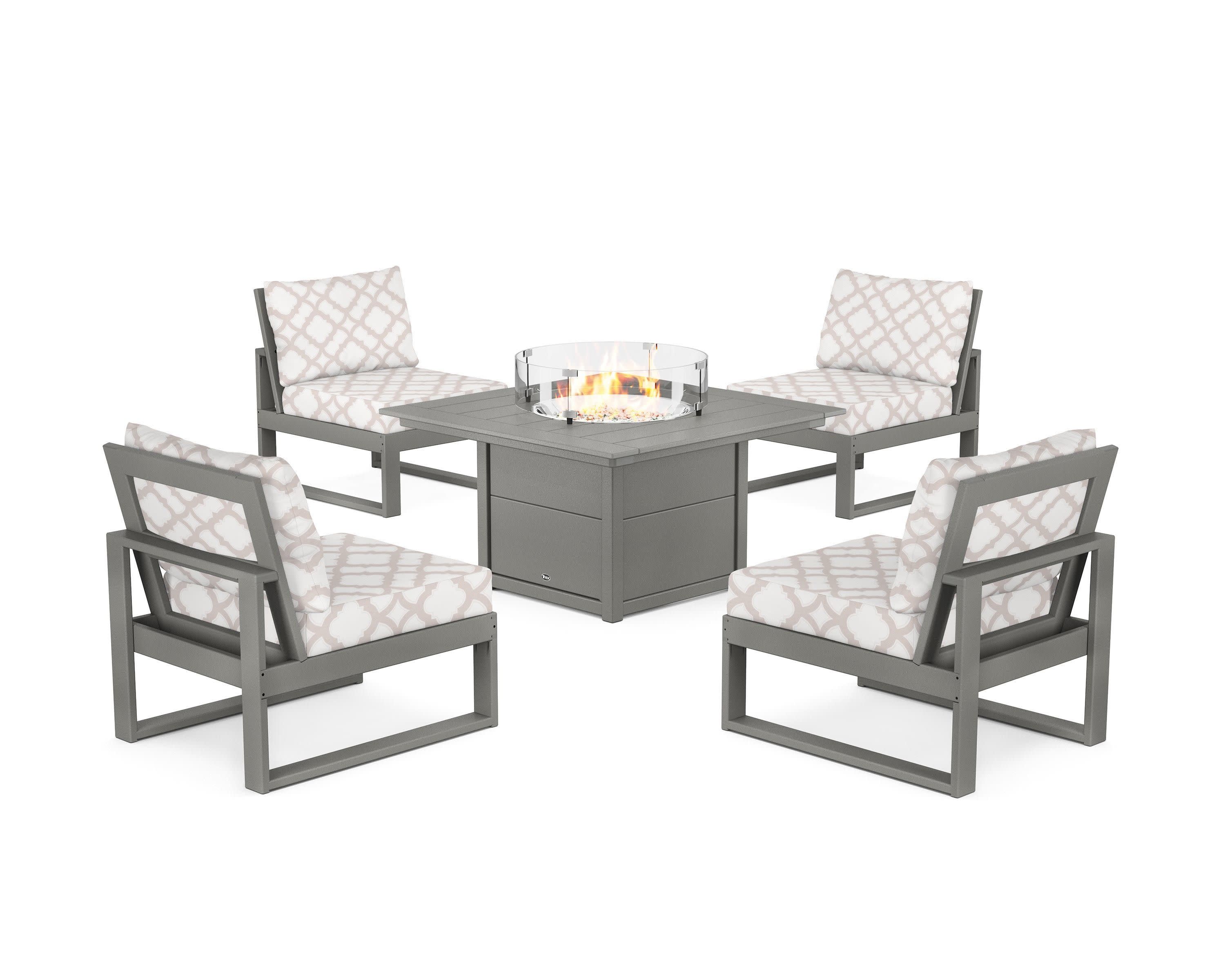 Eastport Modular 5-Piece Deep Seating Set with Square Fire Pit Table in Stepping Stone / Trellis Dune Burlap
