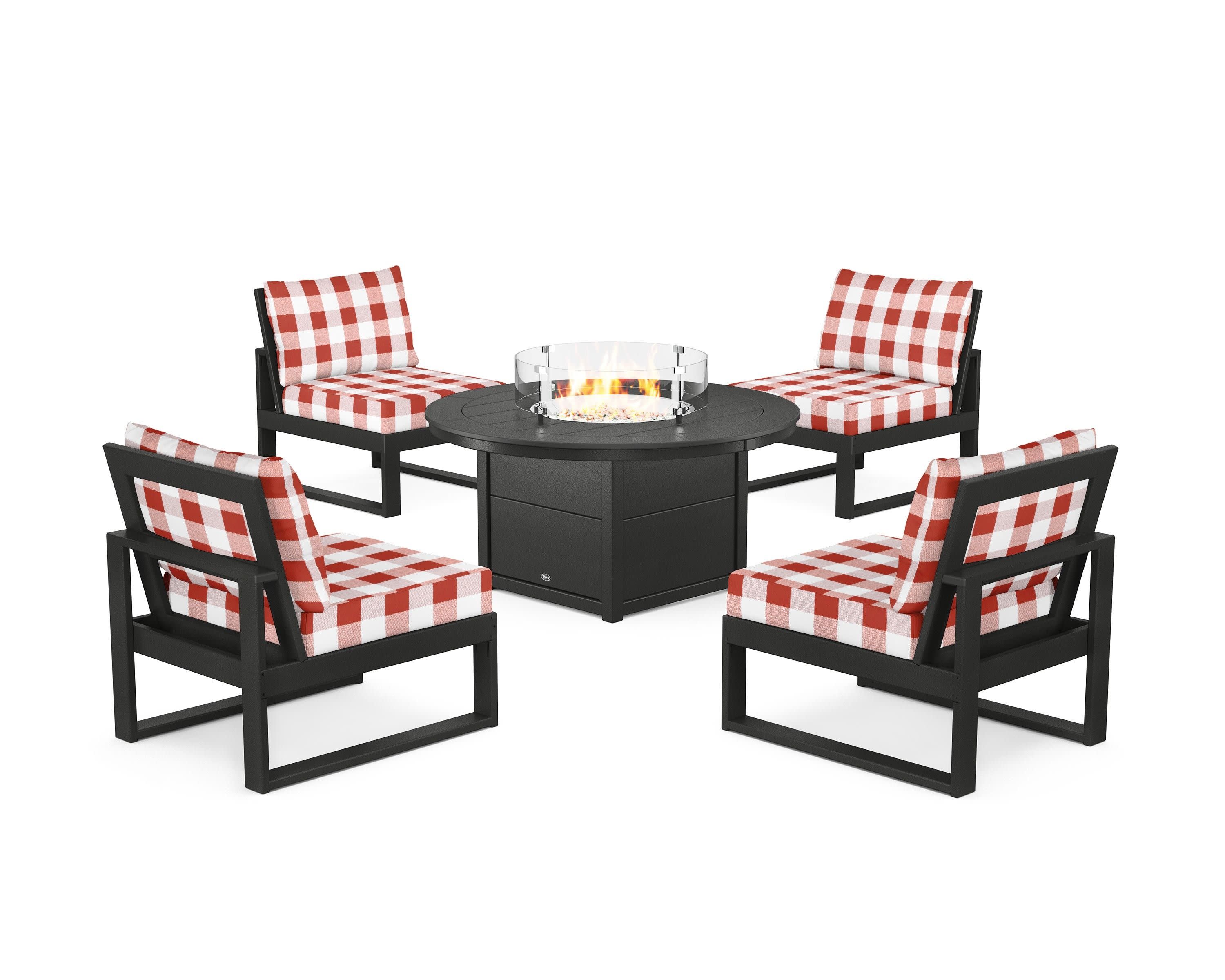 Eastport Modular 5-Piece Deep Seating Set with Round Fire Pit Table in Charcoal Black / Buffalo Plaid Crimson
