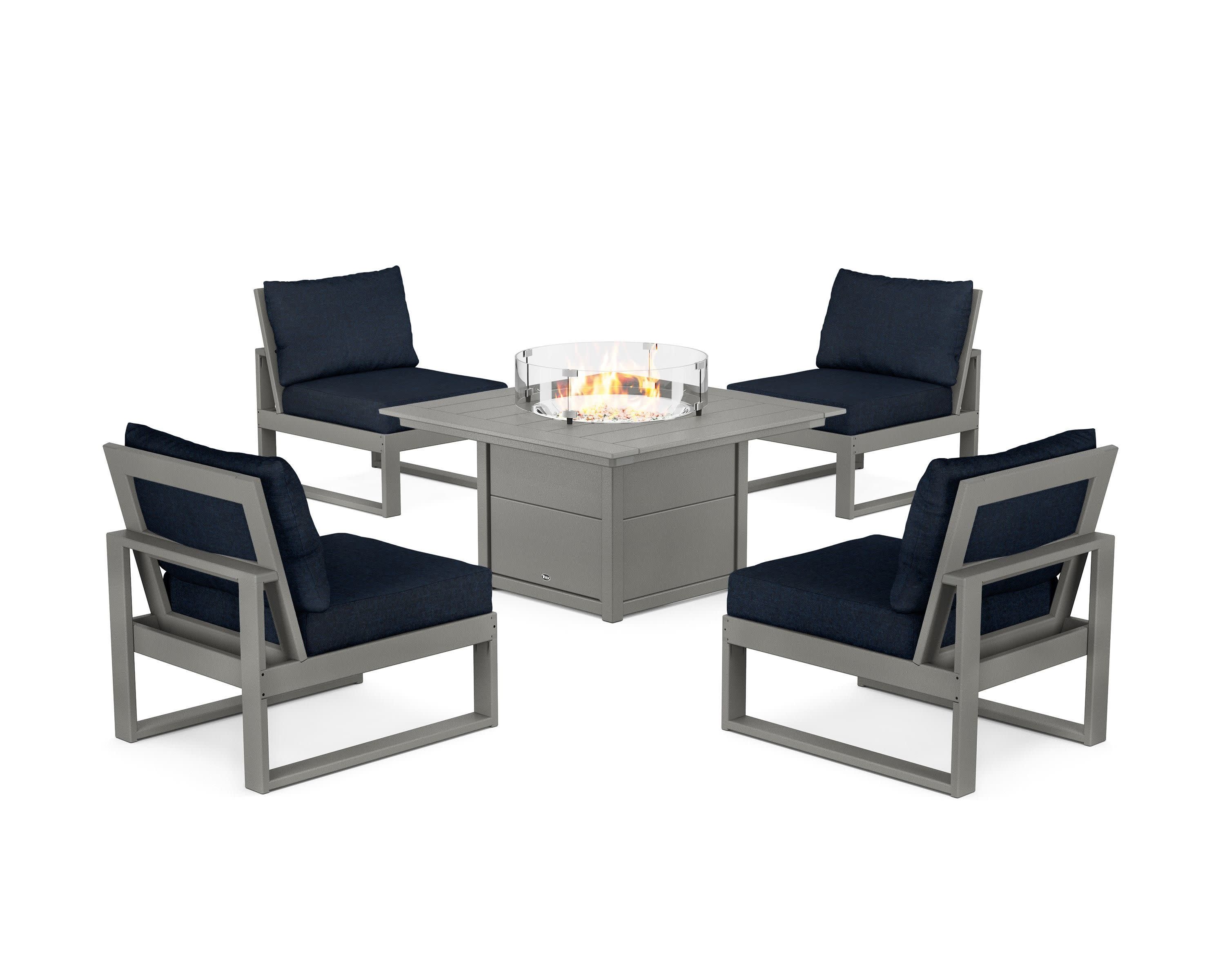 Eastport Modular 5-Piece Deep Seating Set with Square Fire Pit Table in Stepping Stone / Marine Indigo