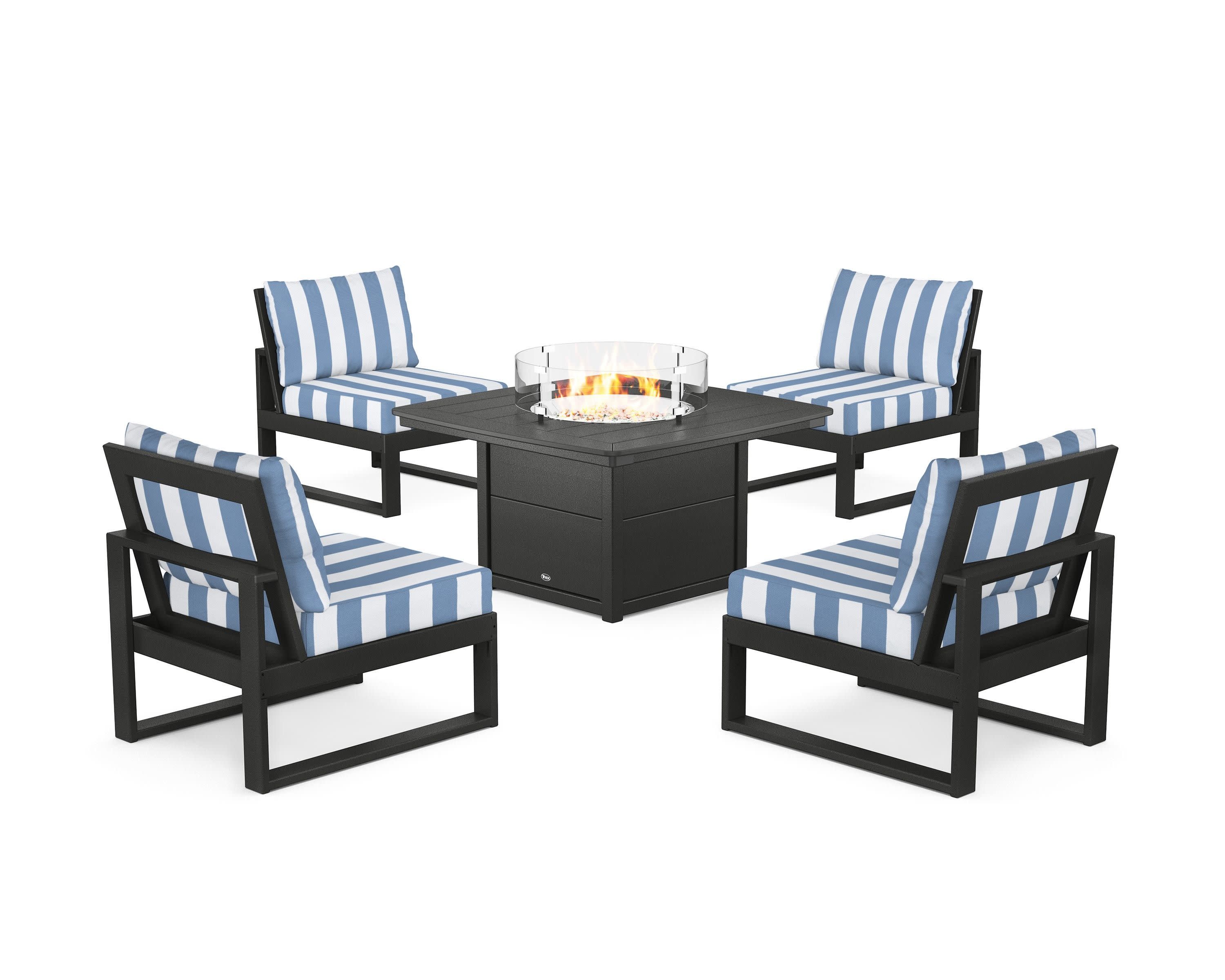 Eastport Modular 5-Piece Deep Seating Set with Yacht Club Fire Pit Table in Charcoal Black / Cabana Stripe Sky Blue