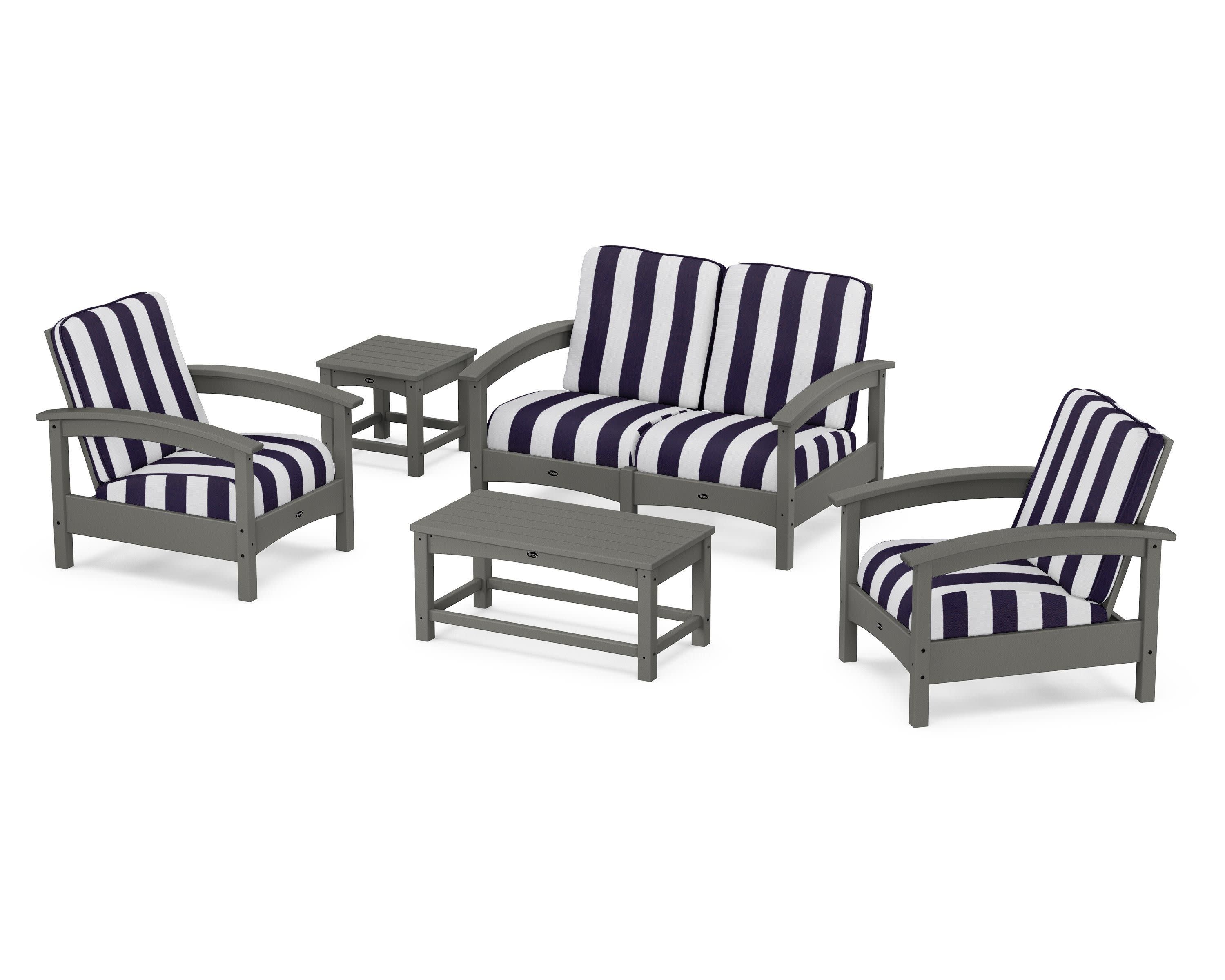 Rockport Club 6-Piece Deep Seating Conversation Set in Stepping Stone / Cabana Stripe Navy