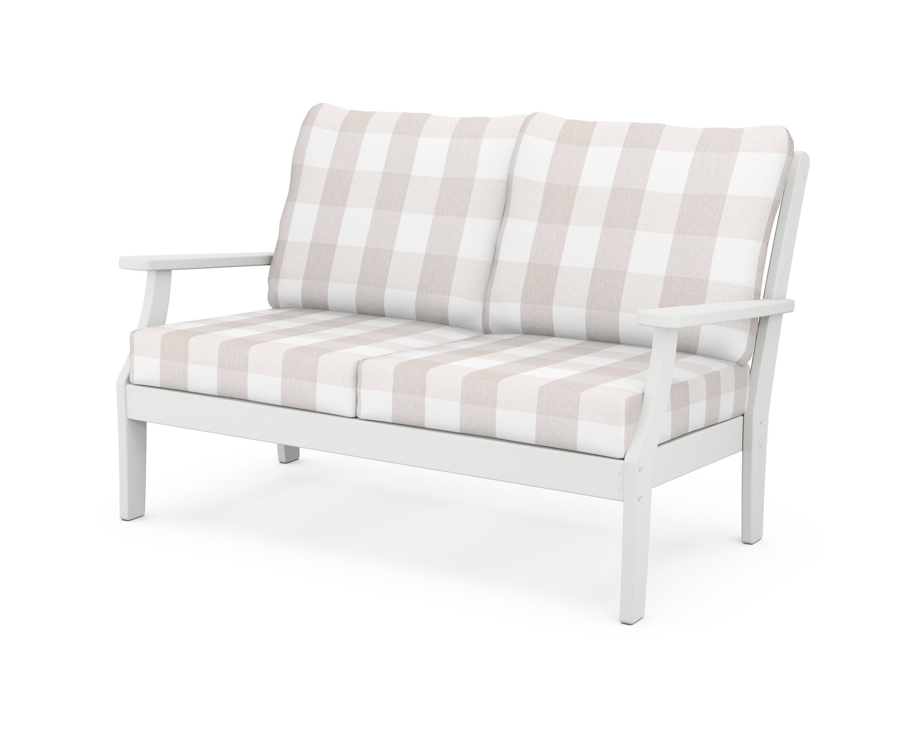 Yacht Club Deep Seating Loveseat in Classic White / Buffalo Plaid Dune Burlap