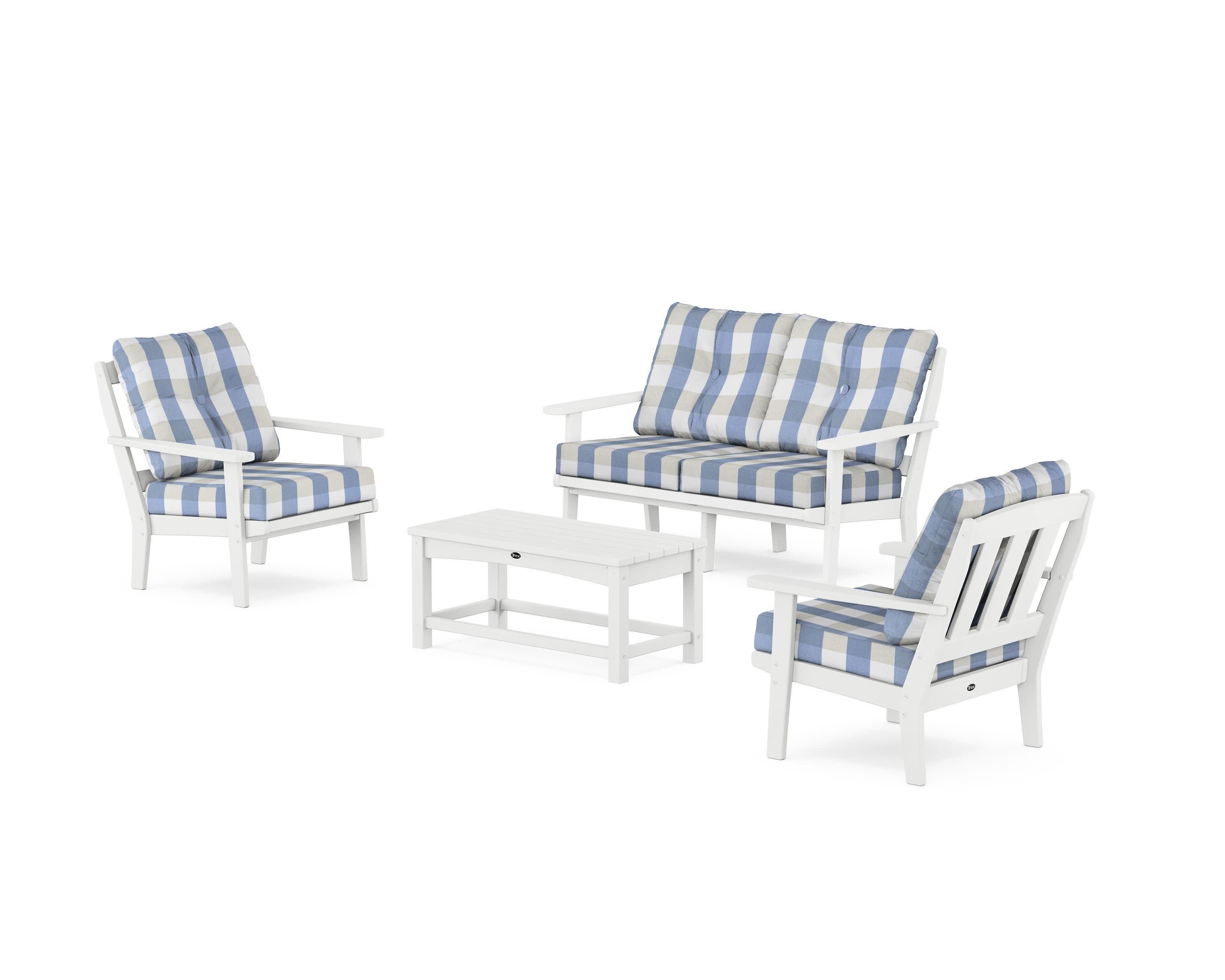 Cape Cod 4-Piece Deep Seating Set with Loveseat in Classic White / Buffalo Plaid Sky Blue