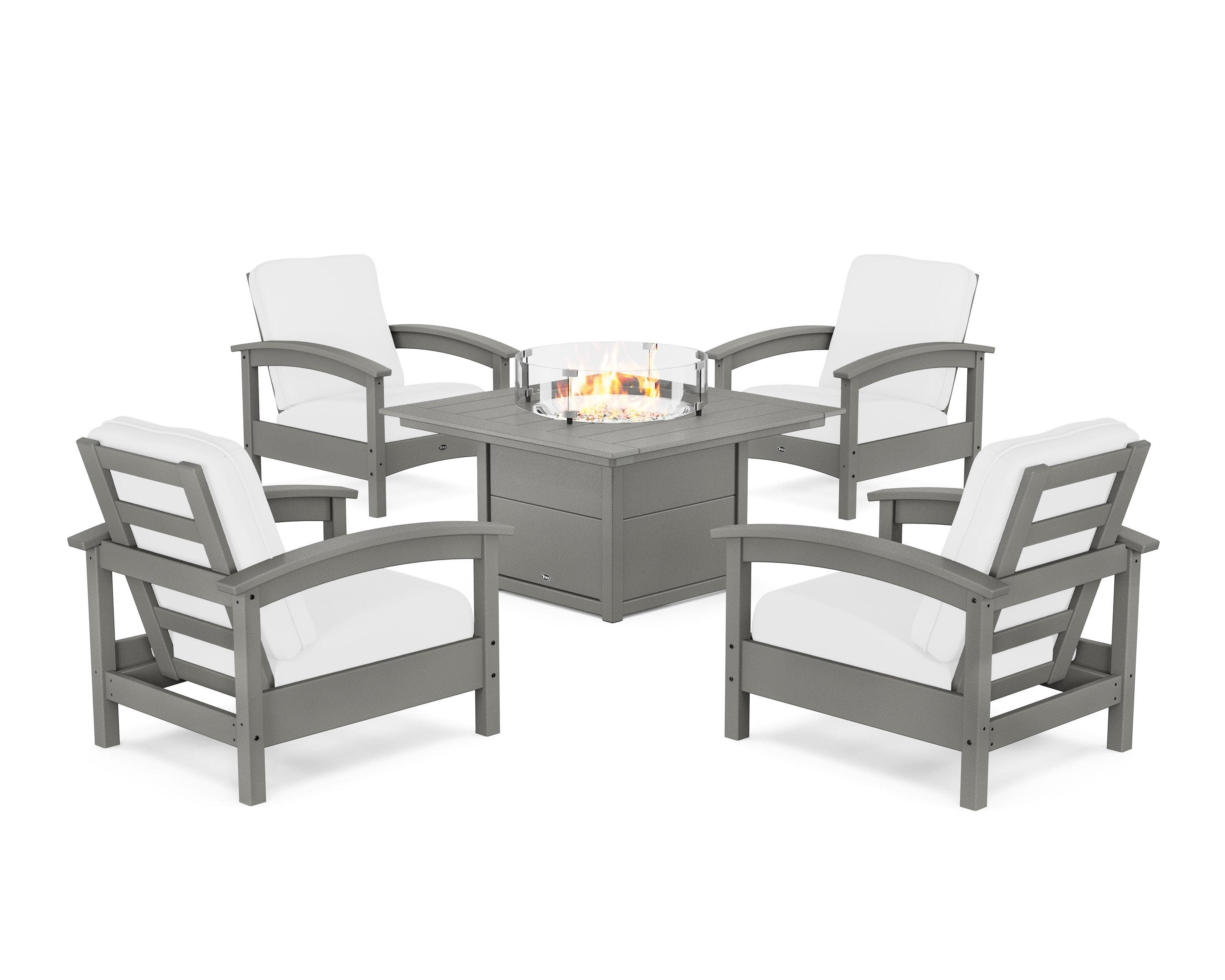 Rockport 5-Piece Deep Seating Set with Square Fire Pit Table in Stepping Stone / Natural