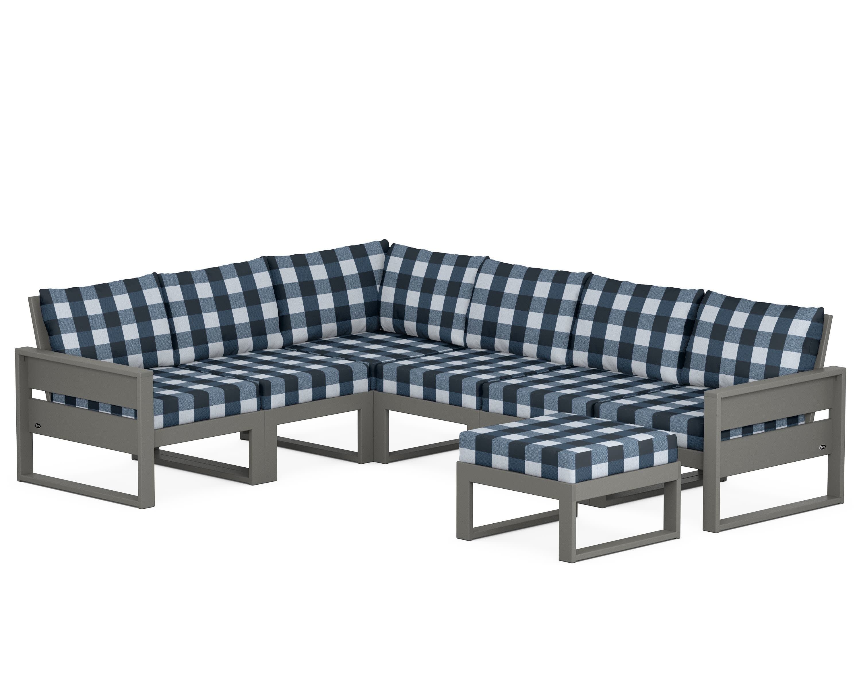 Eastport 6-Piece Sectional with Ottoman in Stepping Stone / Buffalo Plaid Marine Indigo
