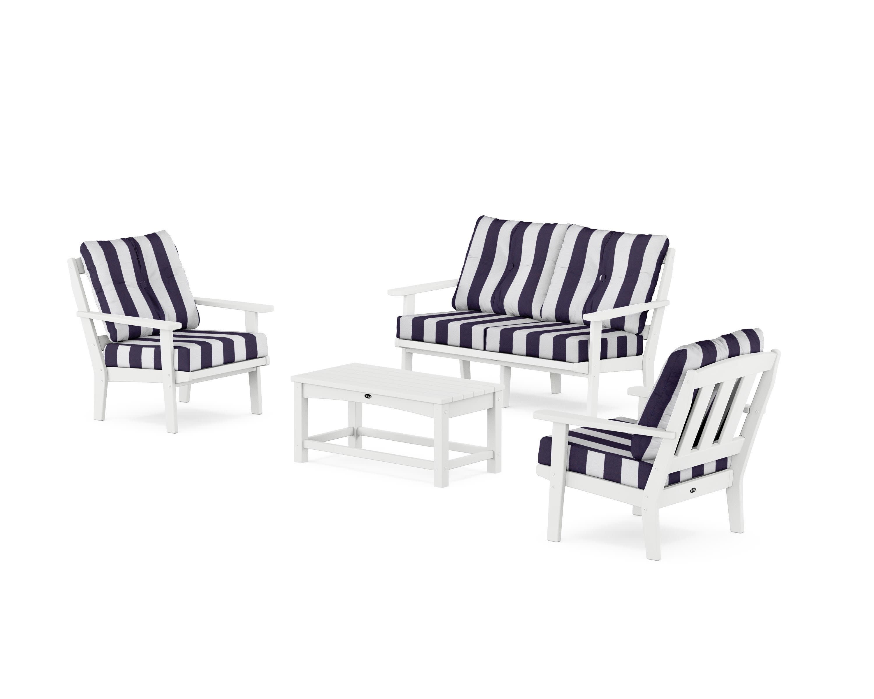 Cape Cod 4-Piece Deep Seating Set with Loveseat in Classic White / Cabana Stripe Navy
