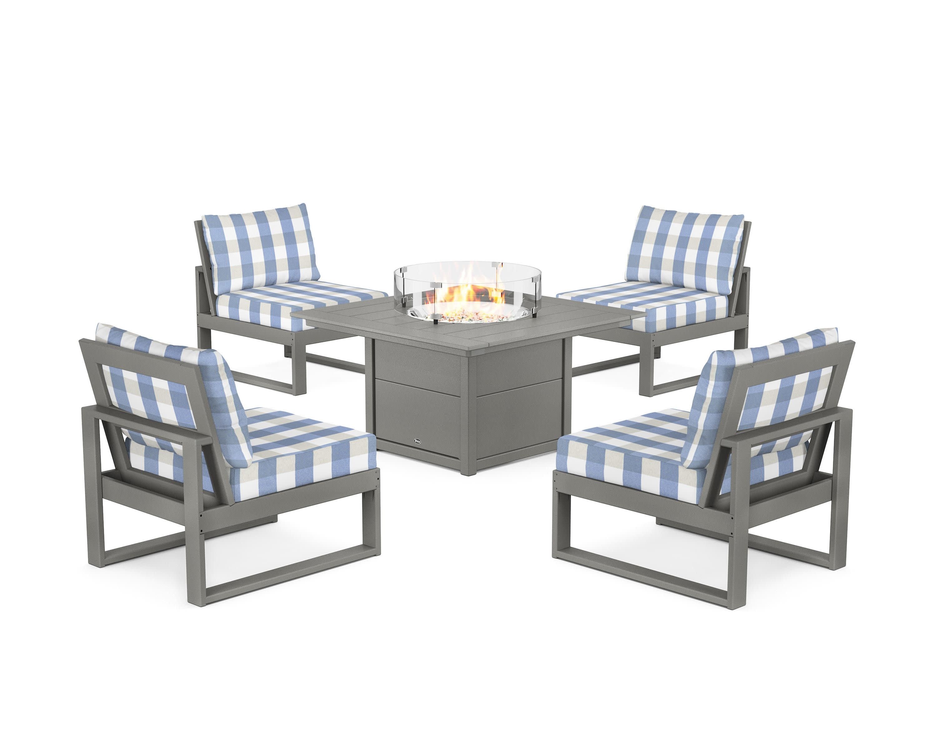 Eastport Modular 5-Piece Deep Seating Set with Square Fire Pit Table in Stepping Stone / Buffalo Plaid Sky Blue