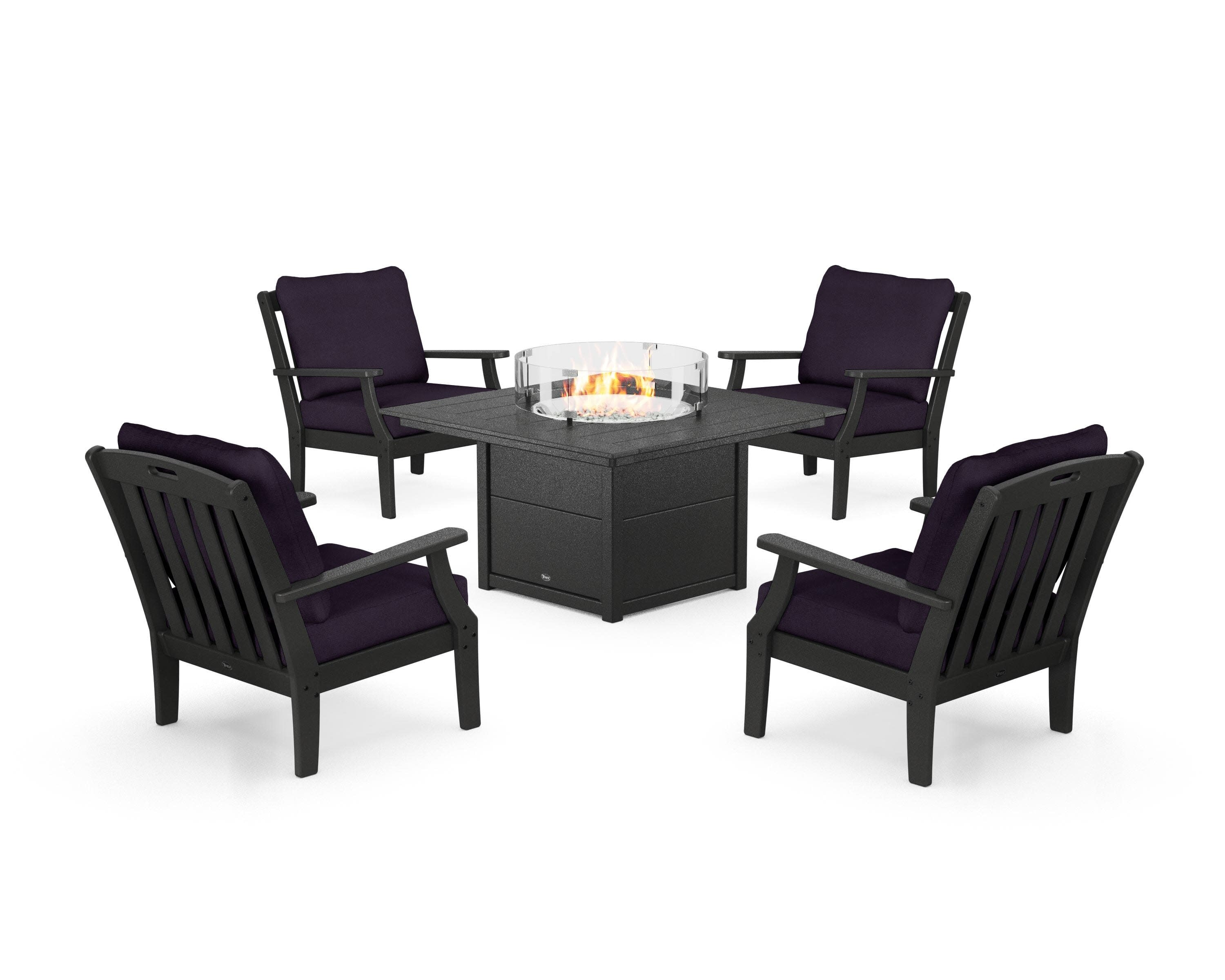 Yacht Club 5-Piece Deep Seating Set with Square Fire Pit Table in Charcoal Black / Navy Linen