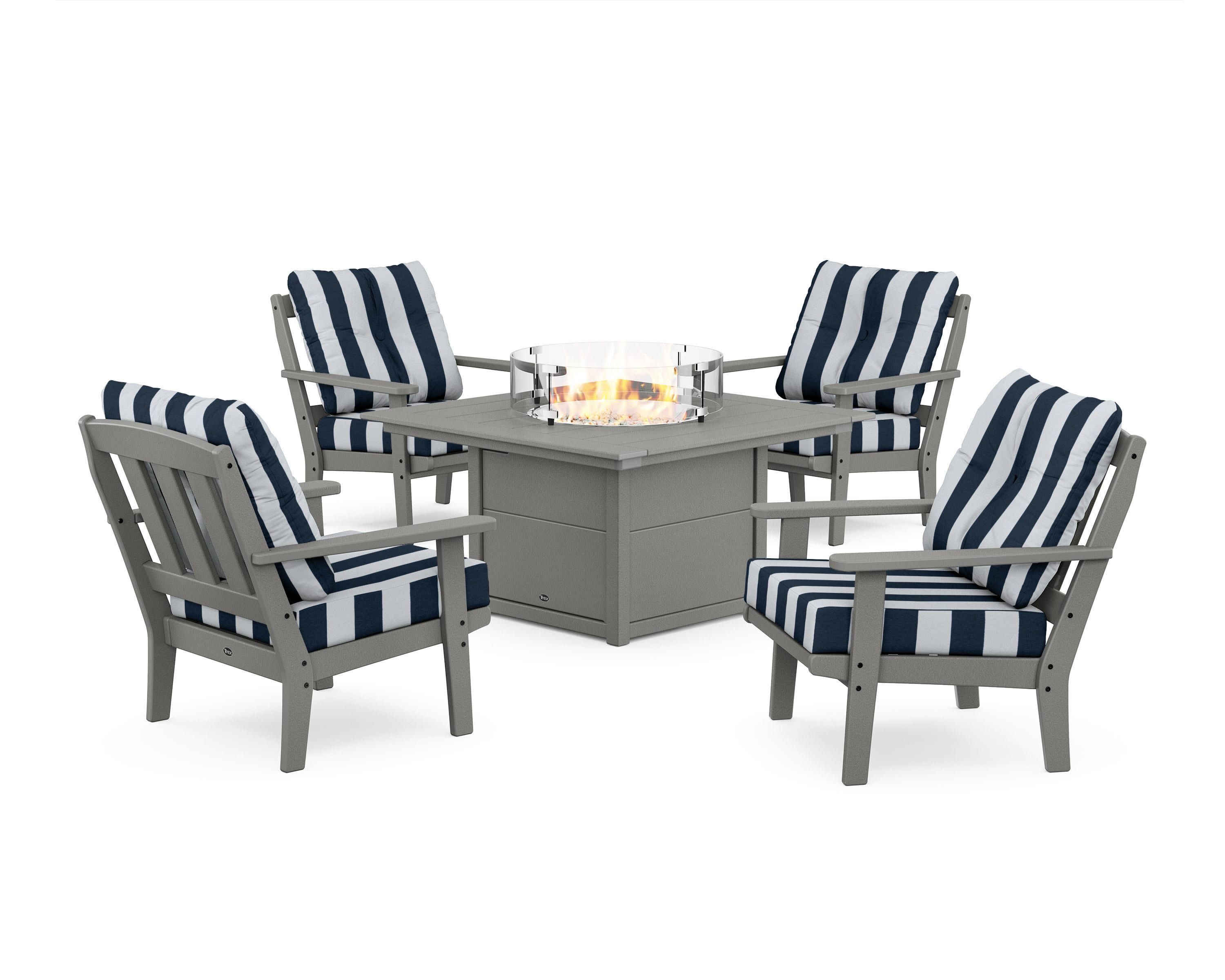 Cape Cod 5-Piece Deep Seating Set with Fire Pit Table in Stepping Stone / Cabana Stripe Marine Indigo