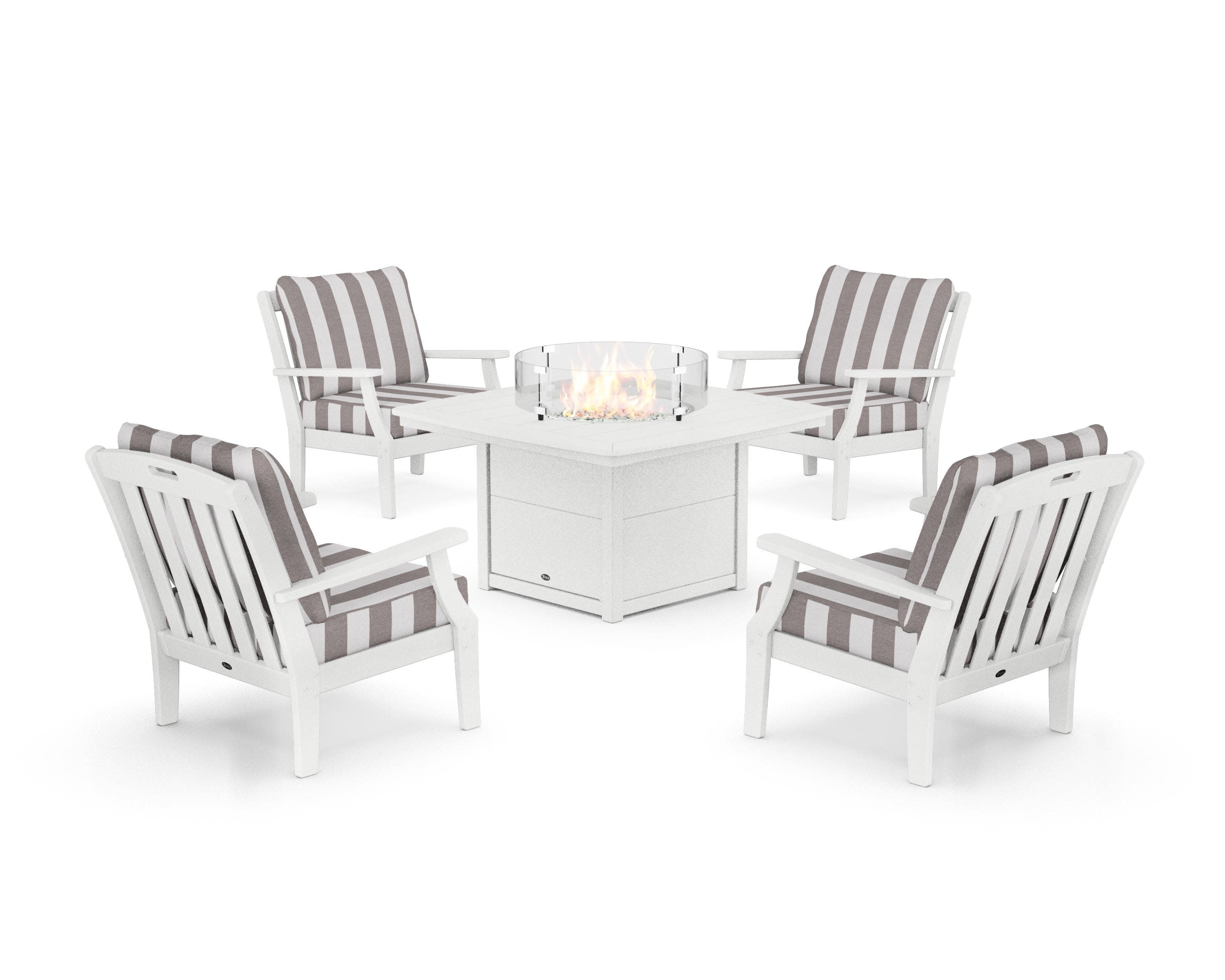 Yacht Club 5-Piece Deep Seating Set with Fire Pit Table in Classic White / Cabana Stripe Grey Mist