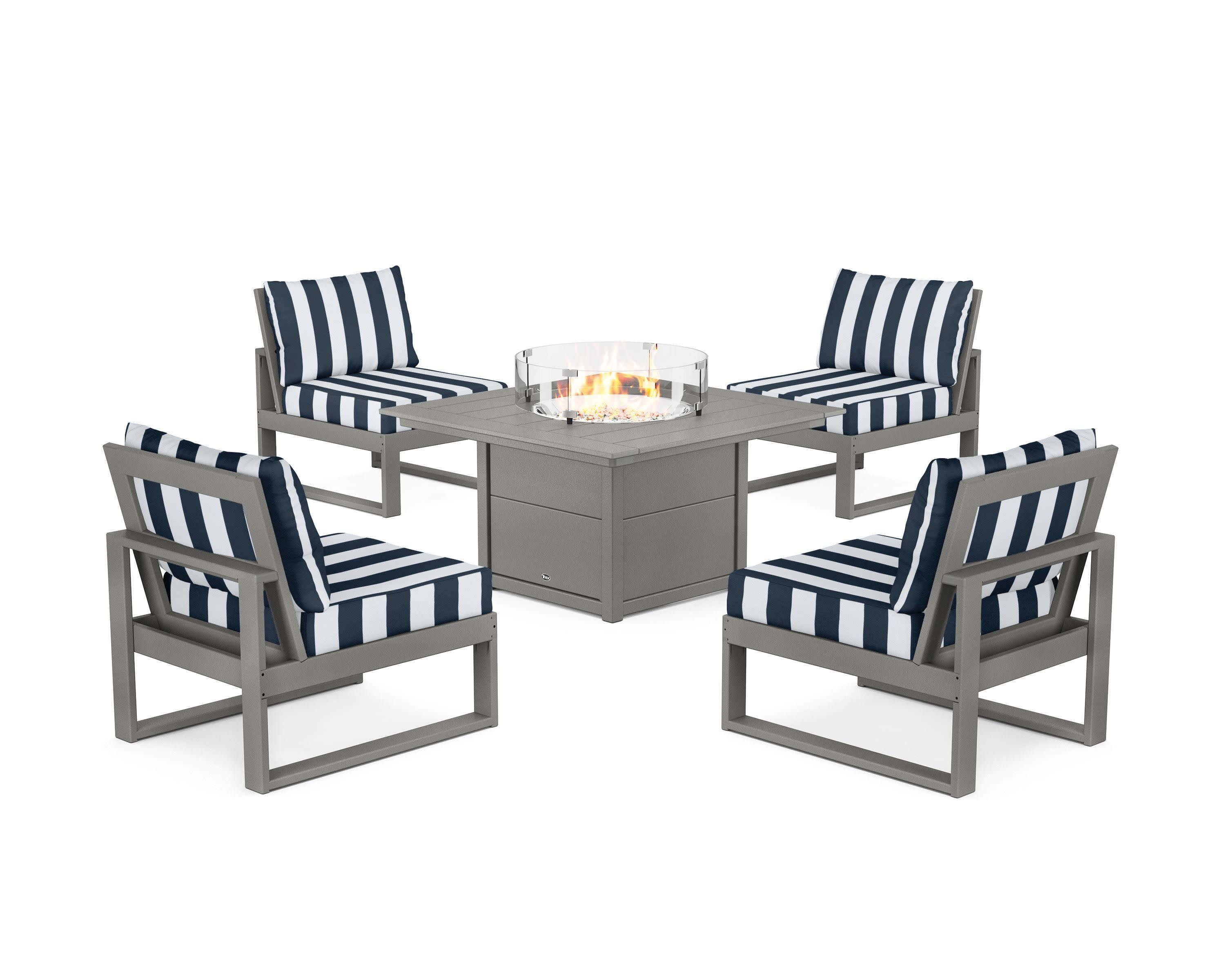 Eastport Modular 5-Piece Deep Seating Set with Square Fire Pit Table in Stepping Stone / Cabana Stripe Marine Indigo