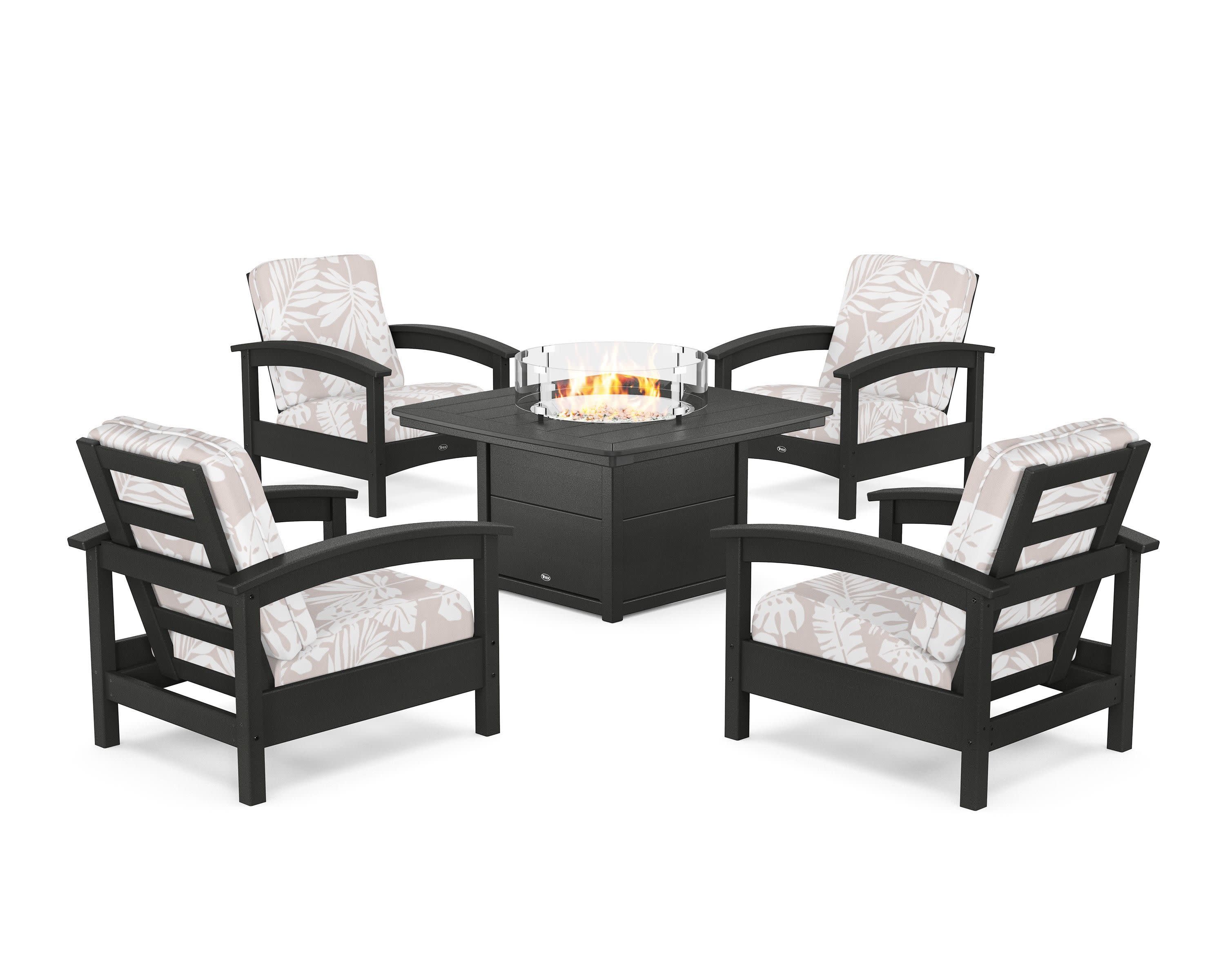 Rockport 5-Piece Deep Seating Set with Yacht Club Fire Pit Table in Charcoal Black / Leaf Dune Burlap