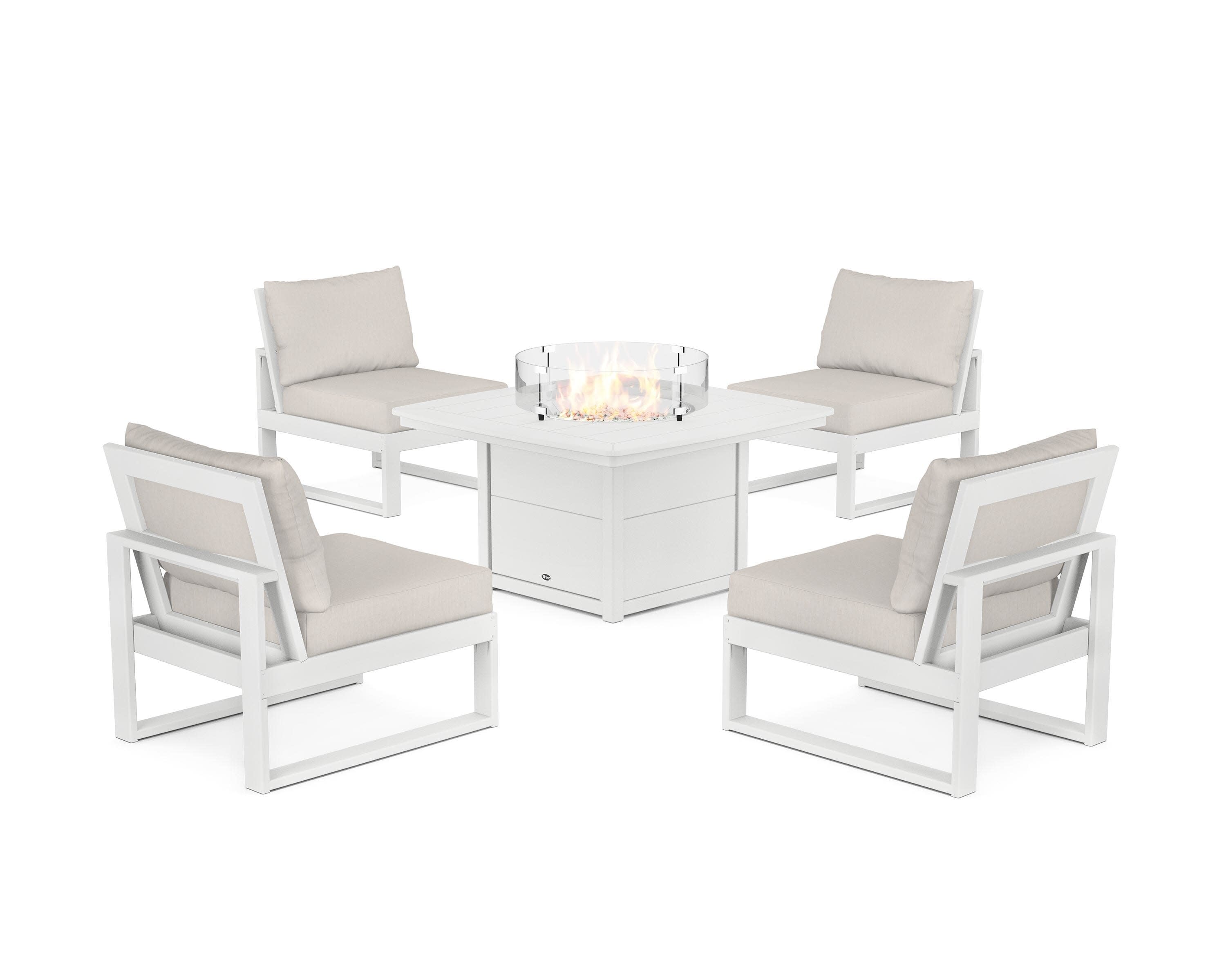 Eastport Modular 5-Piece Deep Seating Set with Yacht Club Fire Pit Table in Classic White / Cast Ash