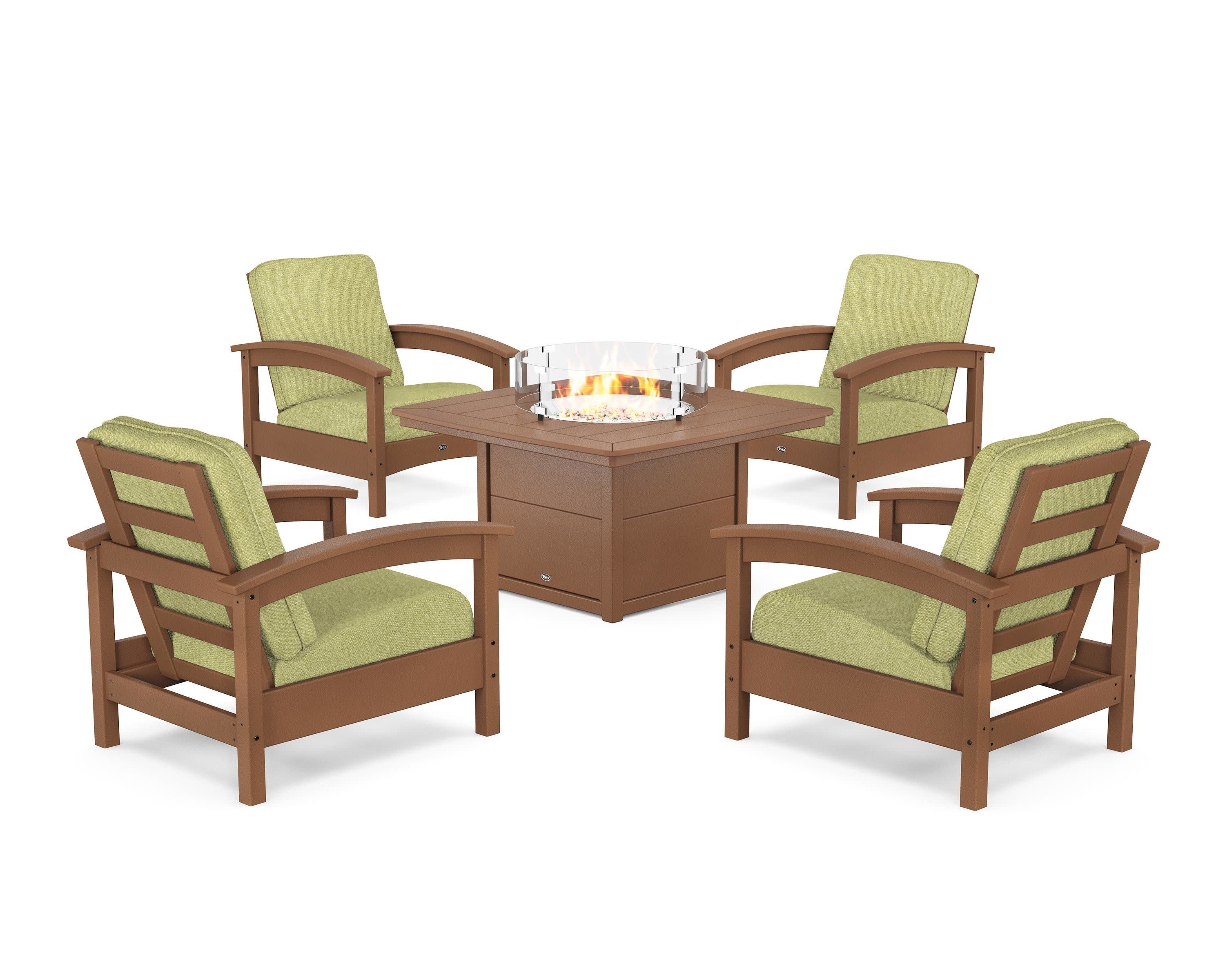 Rockport 5-Piece Deep Seating Set with Yacht Club Fire Pit Table in Tree House / Chartreuse Boucle