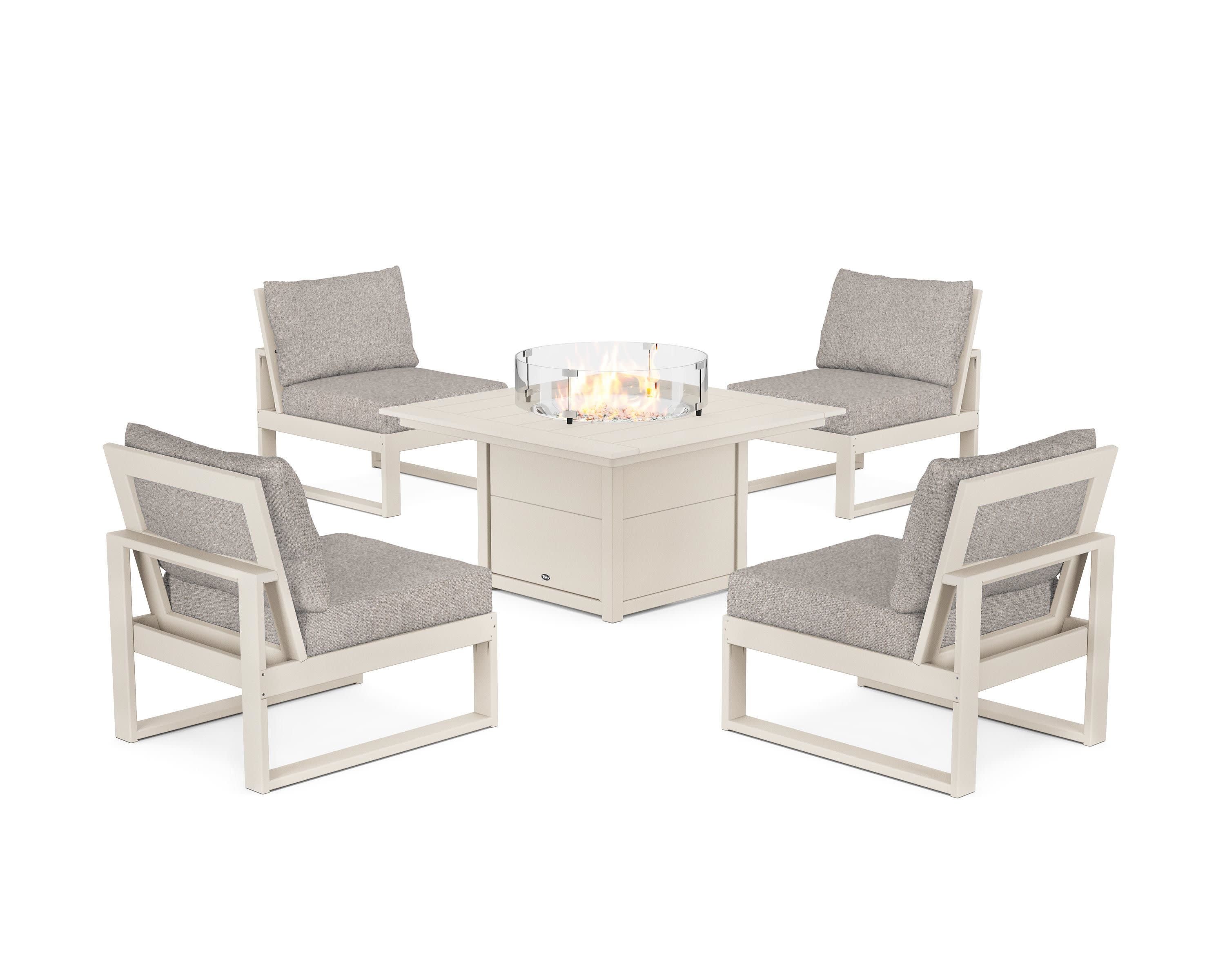 Eastport Modular 5-Piece Deep Seating Set with Square Fire Pit Table in Sand Castle / Weathered Tweed