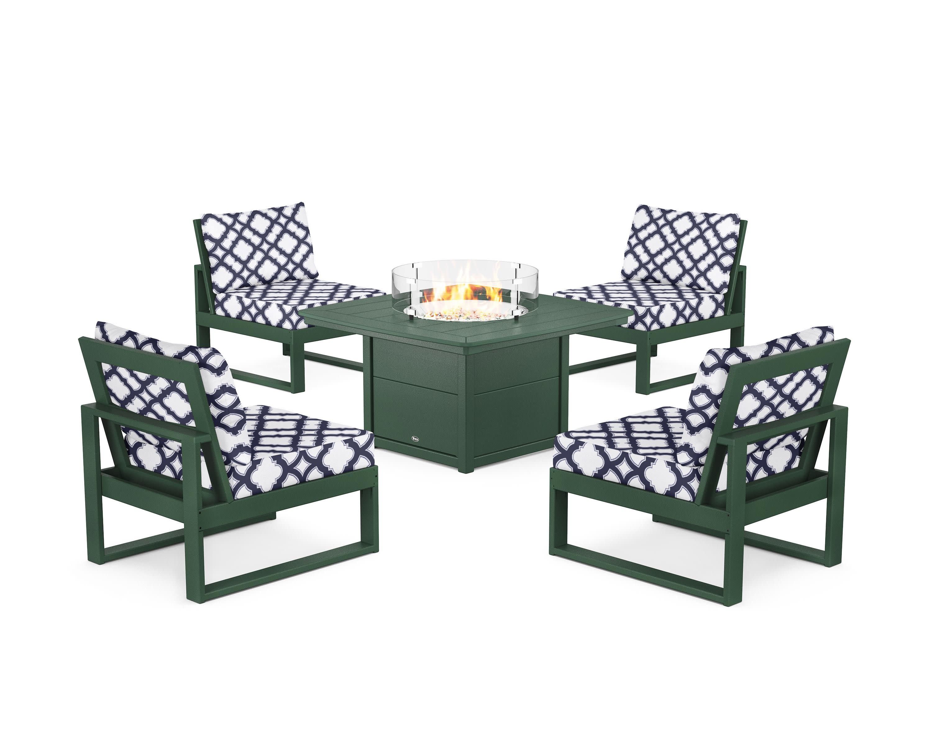 Eastport Modular 5-Piece Deep Seating Set with Yacht Club Fire Pit Table in Rainforest Canopy / Trellis Navy
