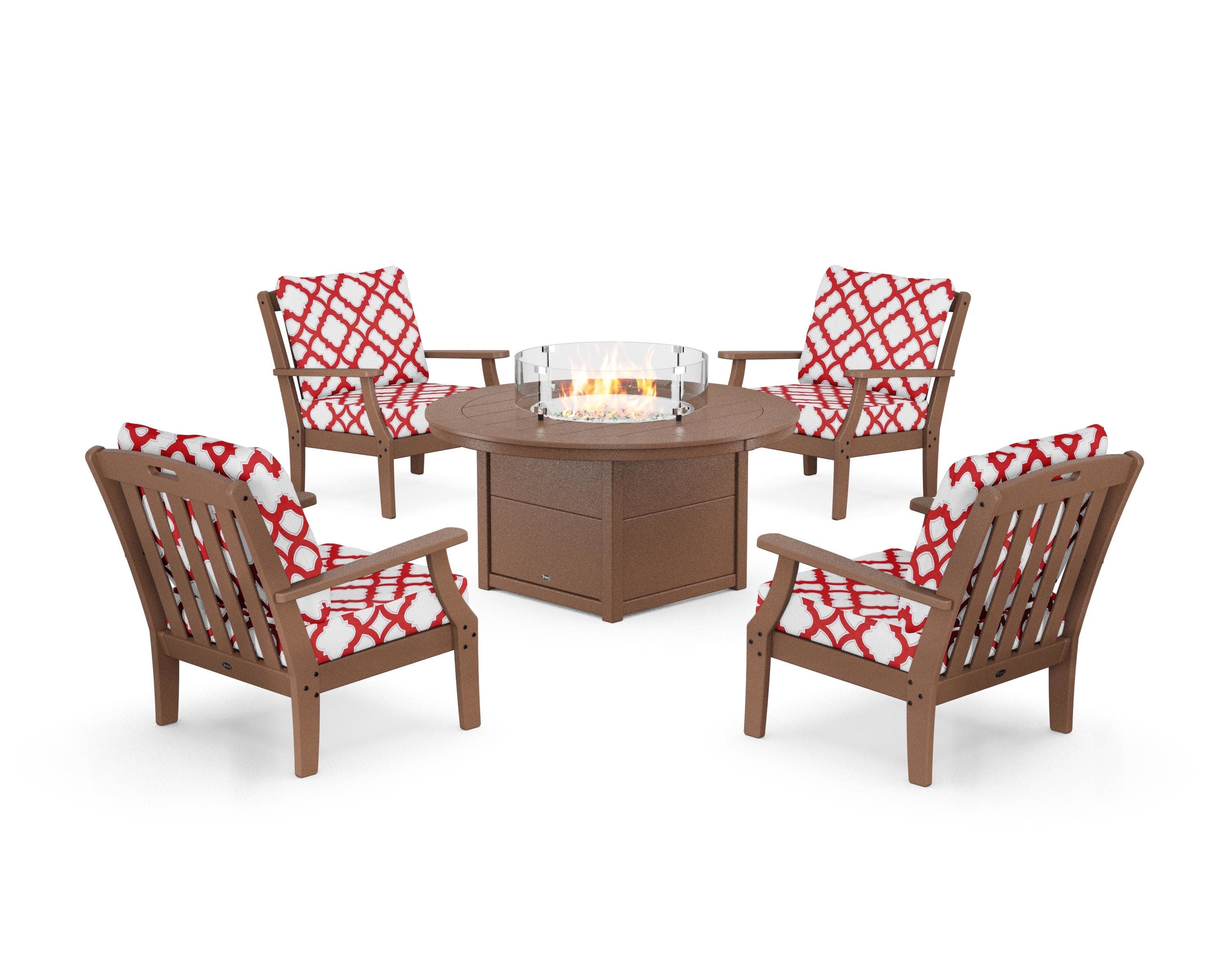 Yacht Club 5-Piece Deep Seating Set with Round Fire Pit Table in Tree House / Trellis Crimson