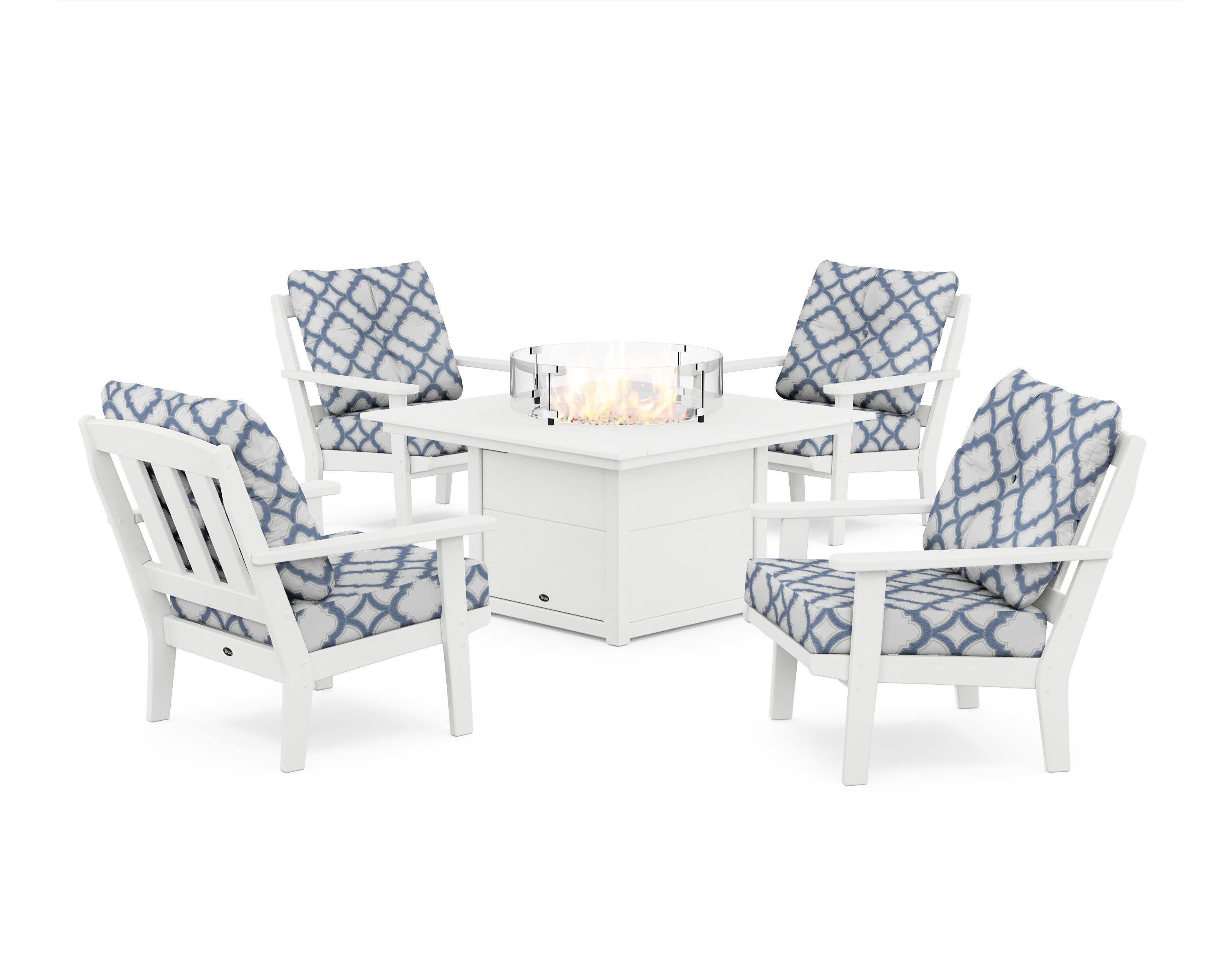 Cape Cod 5-Piece Deep Seating Set with Fire Pit Table in Classic White / Trellis Sky Blue