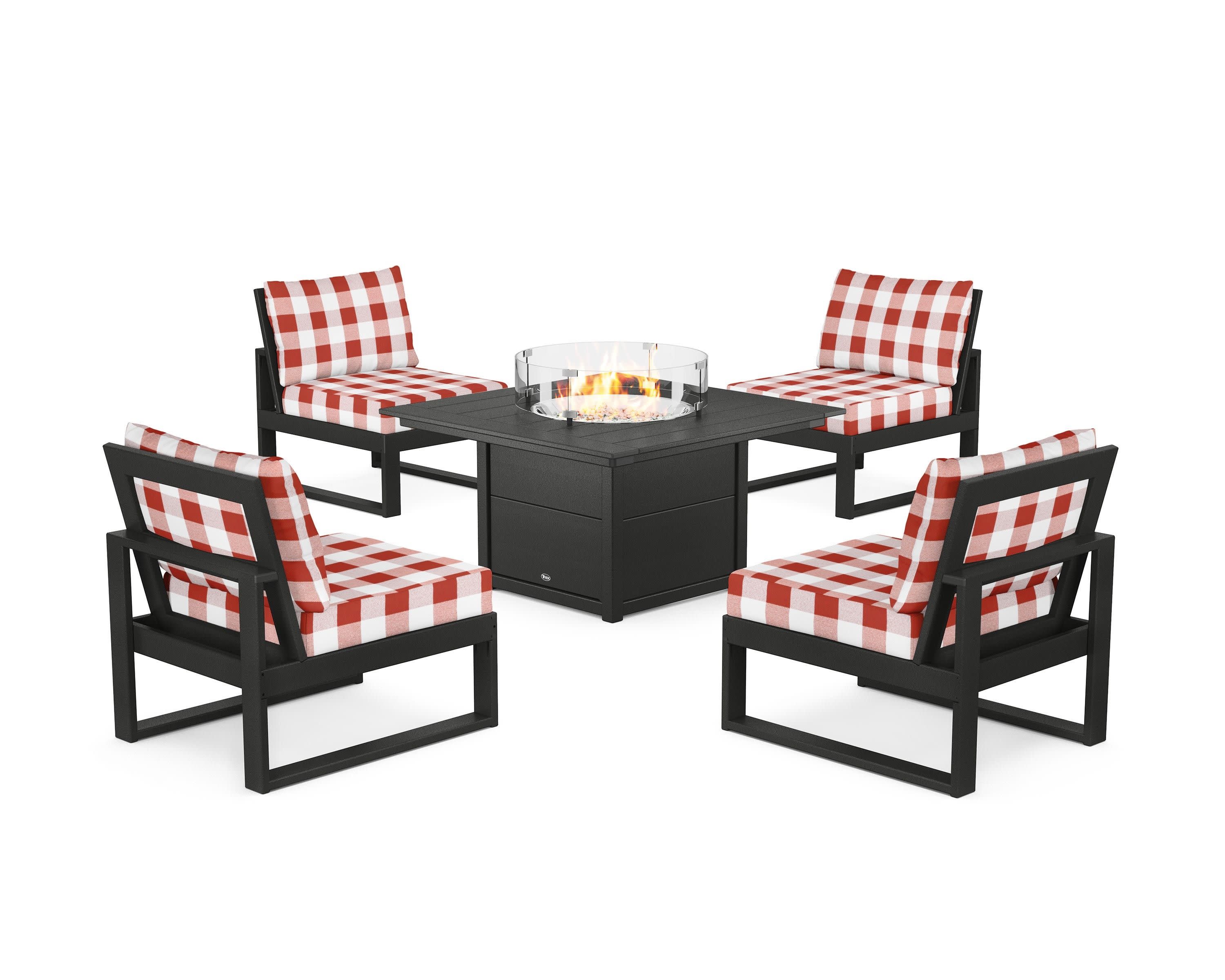 Eastport Modular 5-Piece Deep Seating Set with Square Fire Pit Table in Charcoal Black / Buffalo Plaid Crimson