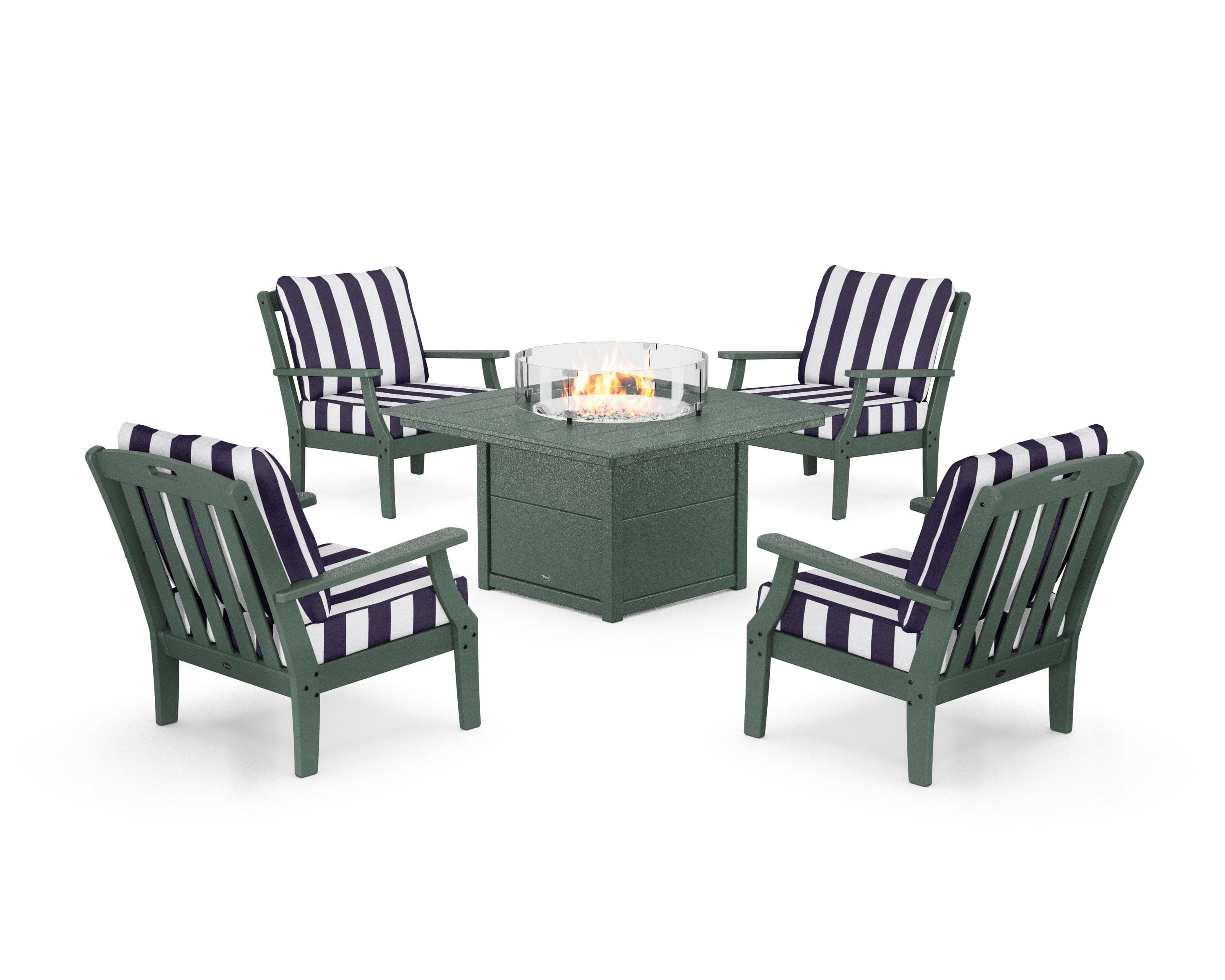 Yacht Club 5-Piece Deep Seating Set with Square Fire Pit Table in Rainforest Canopy / Cabana Stripe Navy