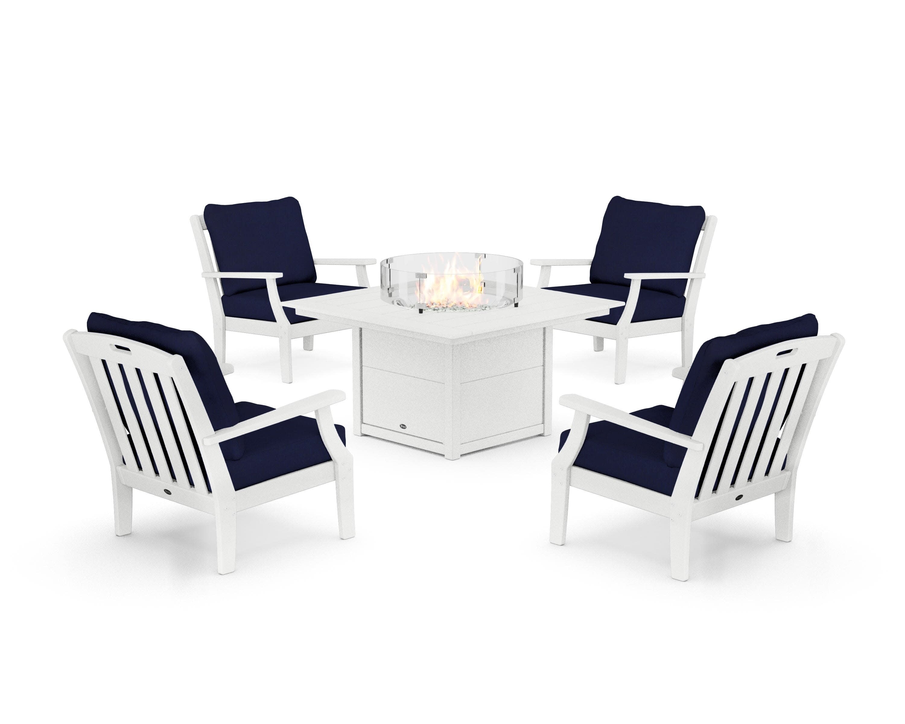 Yacht Club 5-Piece Deep Seating Set with Square Fire Pit Table in Classic White / Navy