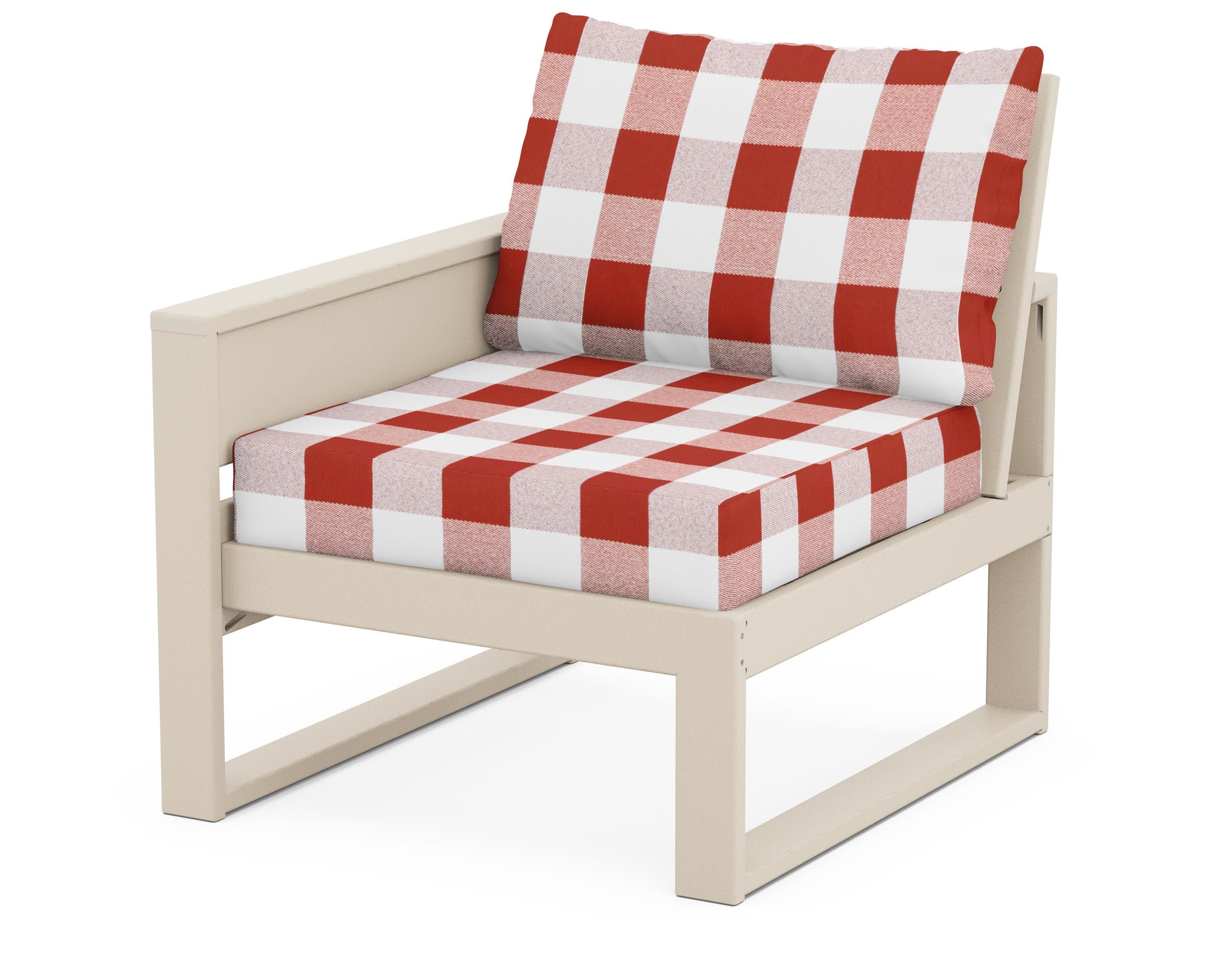 Eastport Modular Left Arm Chair in Sand Castle / Buffalo Plaid Crimson