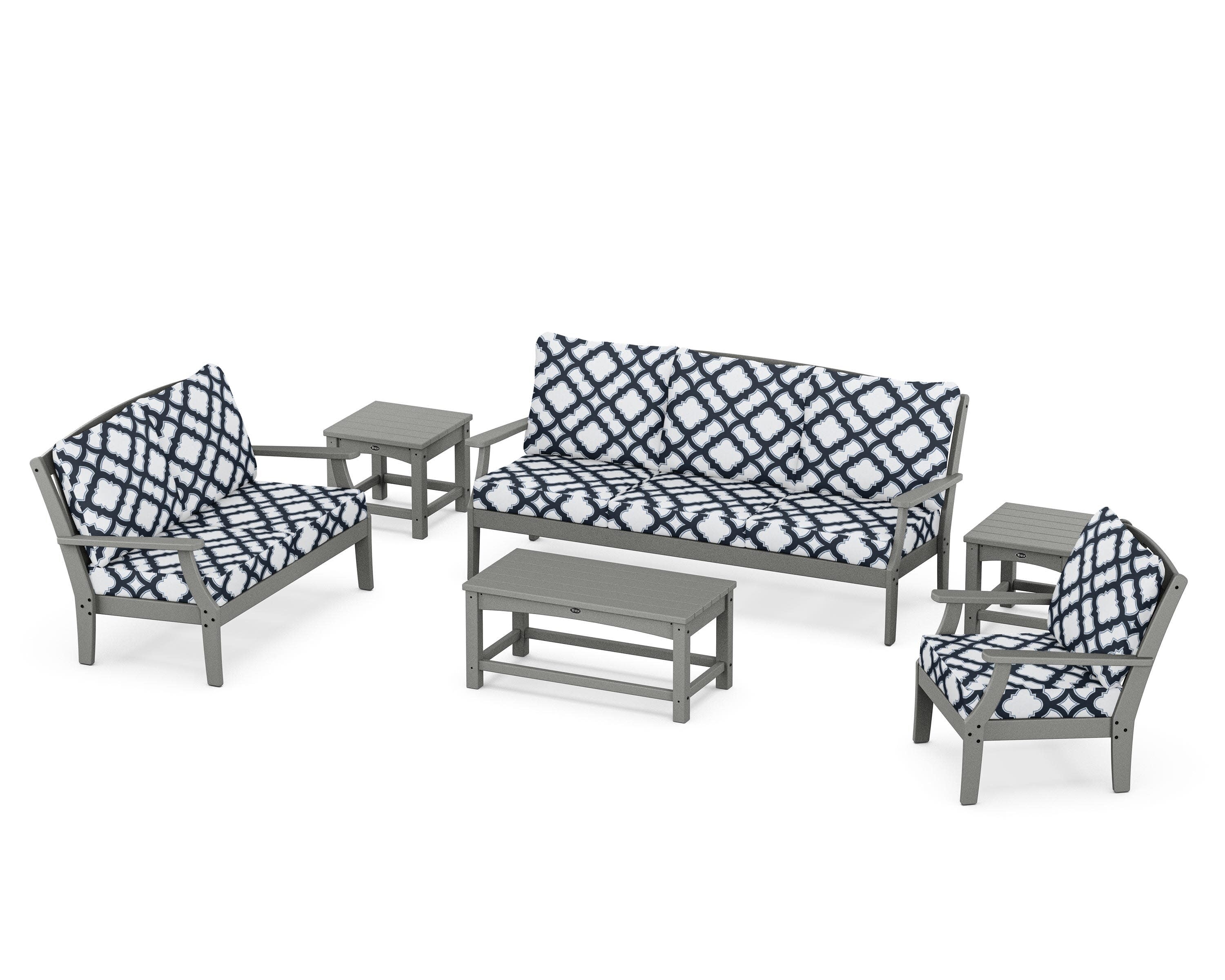 Yacht Club 6-Piece Deep Seating Set in Stepping Stone / Trellis Marine Indigo