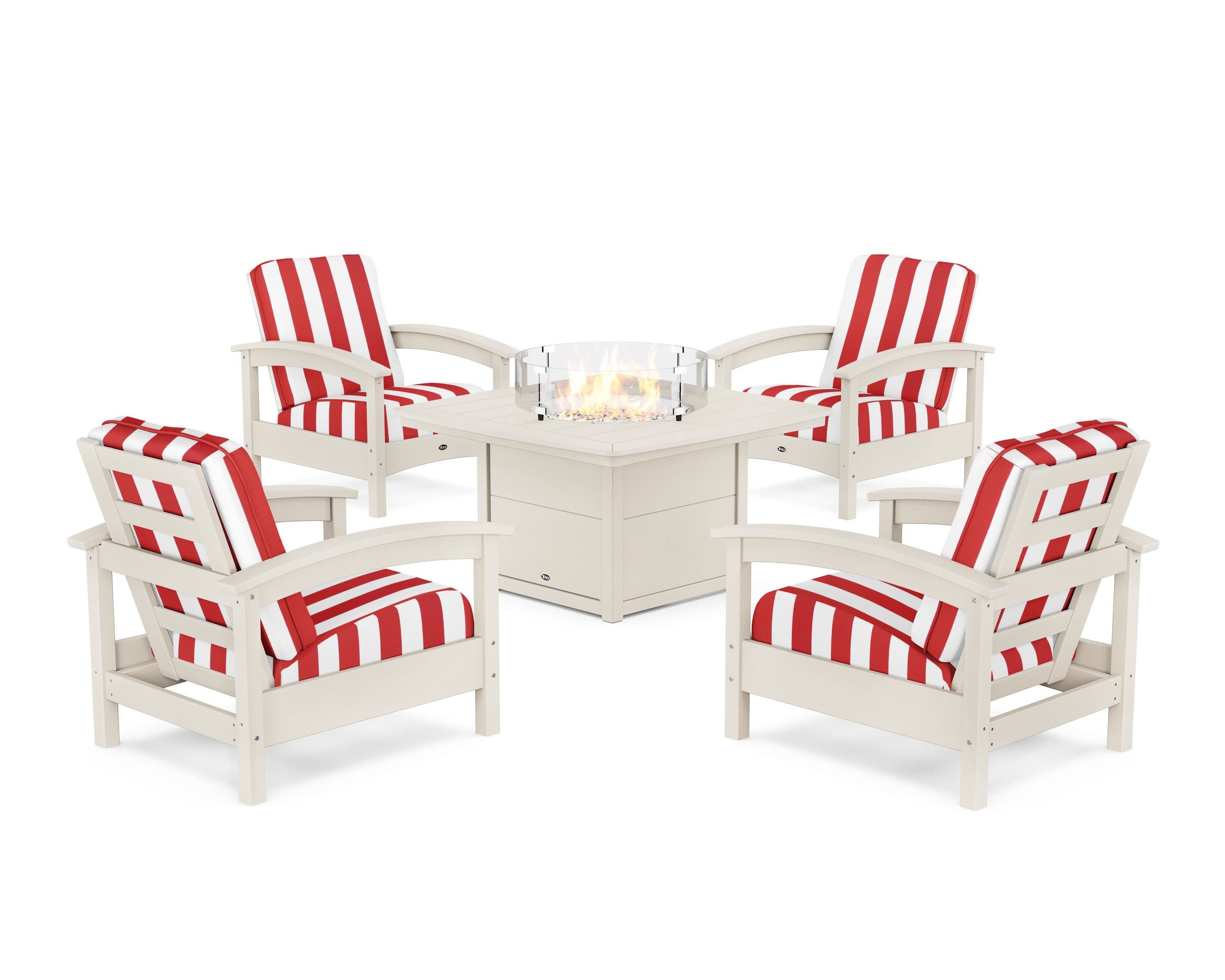 Rockport 5-Piece Deep Seating Set with Yacht Club Fire Pit Table in Sand Castle / Cabana Stripe Crimson